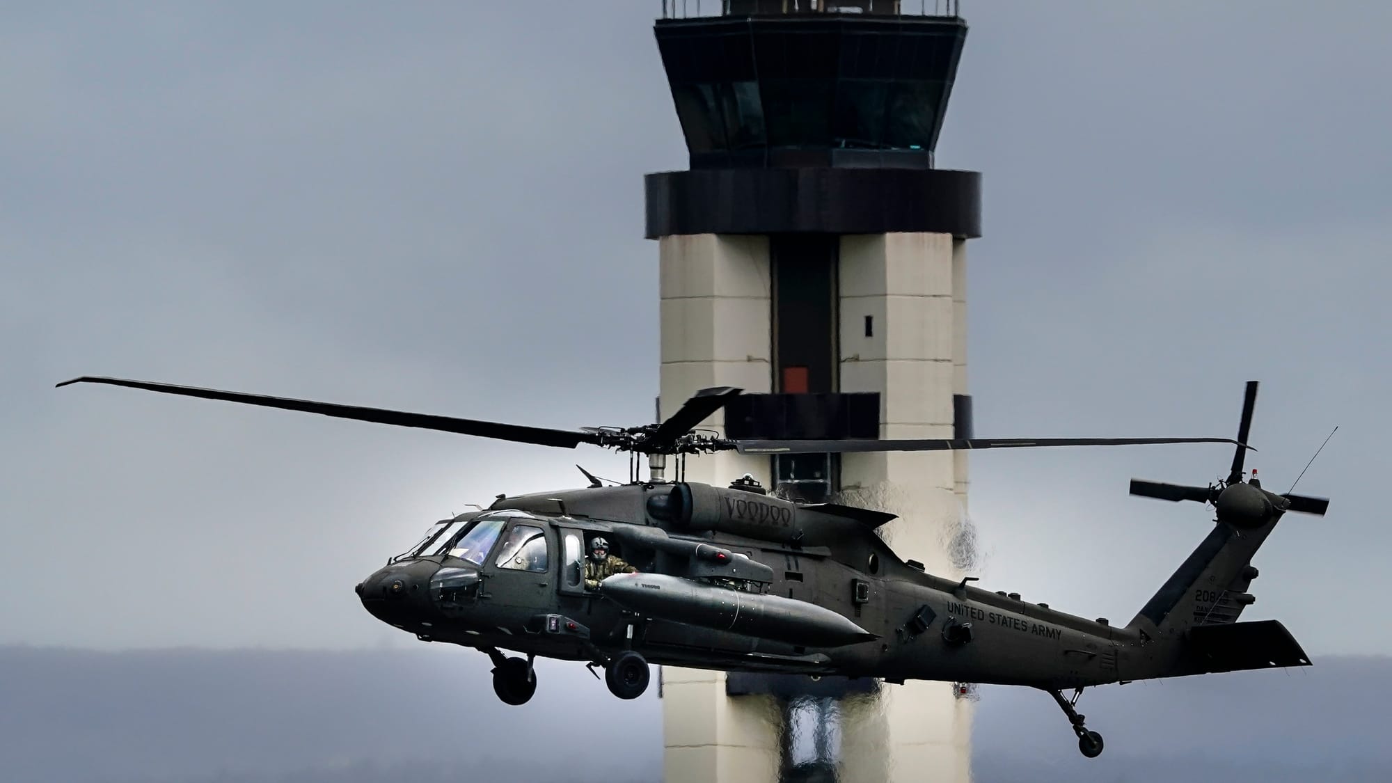UH-60 Blackhawk helicopters from from Fort Drum in Jefferson County, New York, land at Lehigh Valley International Airport on