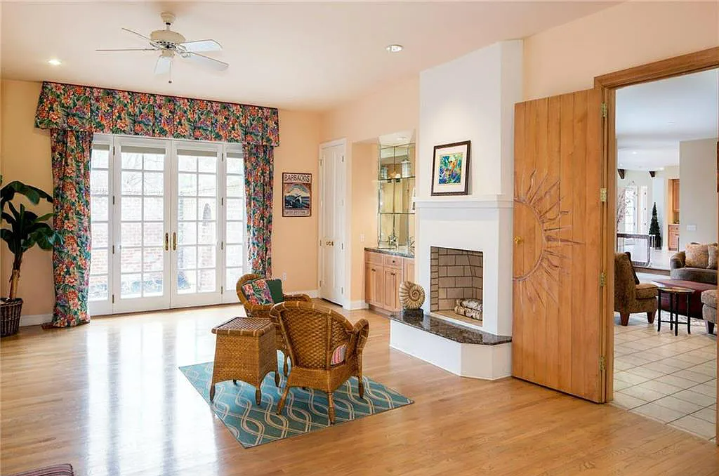 A southwest-style fireplace warms up the room
