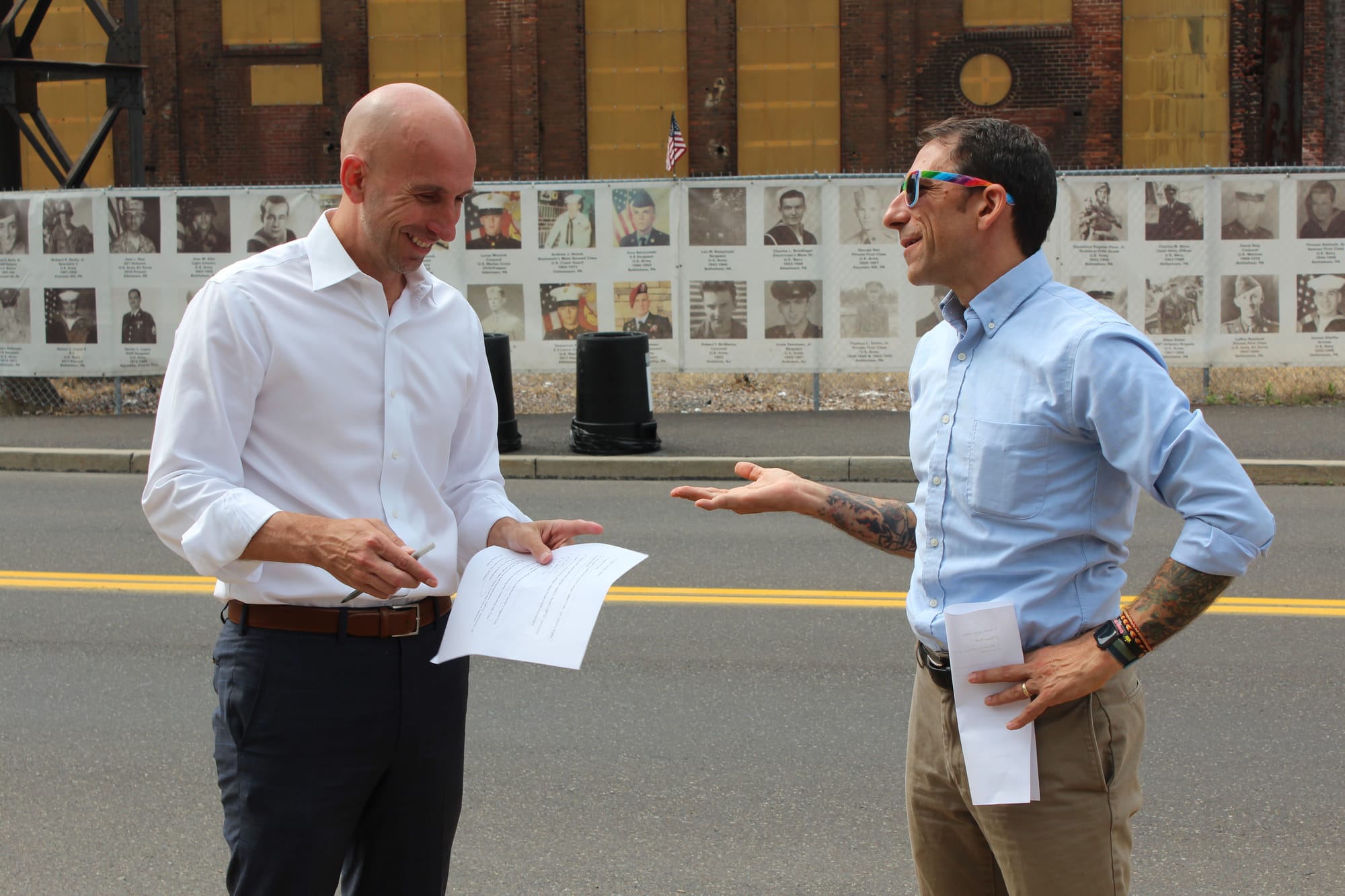 Bethlehem mayor J. William Reynolds (left) and Allentown mayor Matt Tuerk (right) talking prior to filming a video for the op