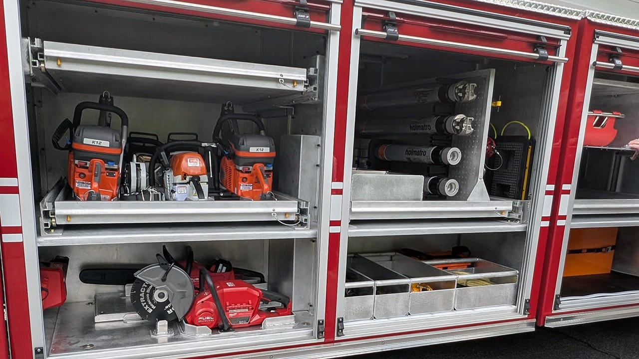 Equipment inside Easton's new tiller truck.