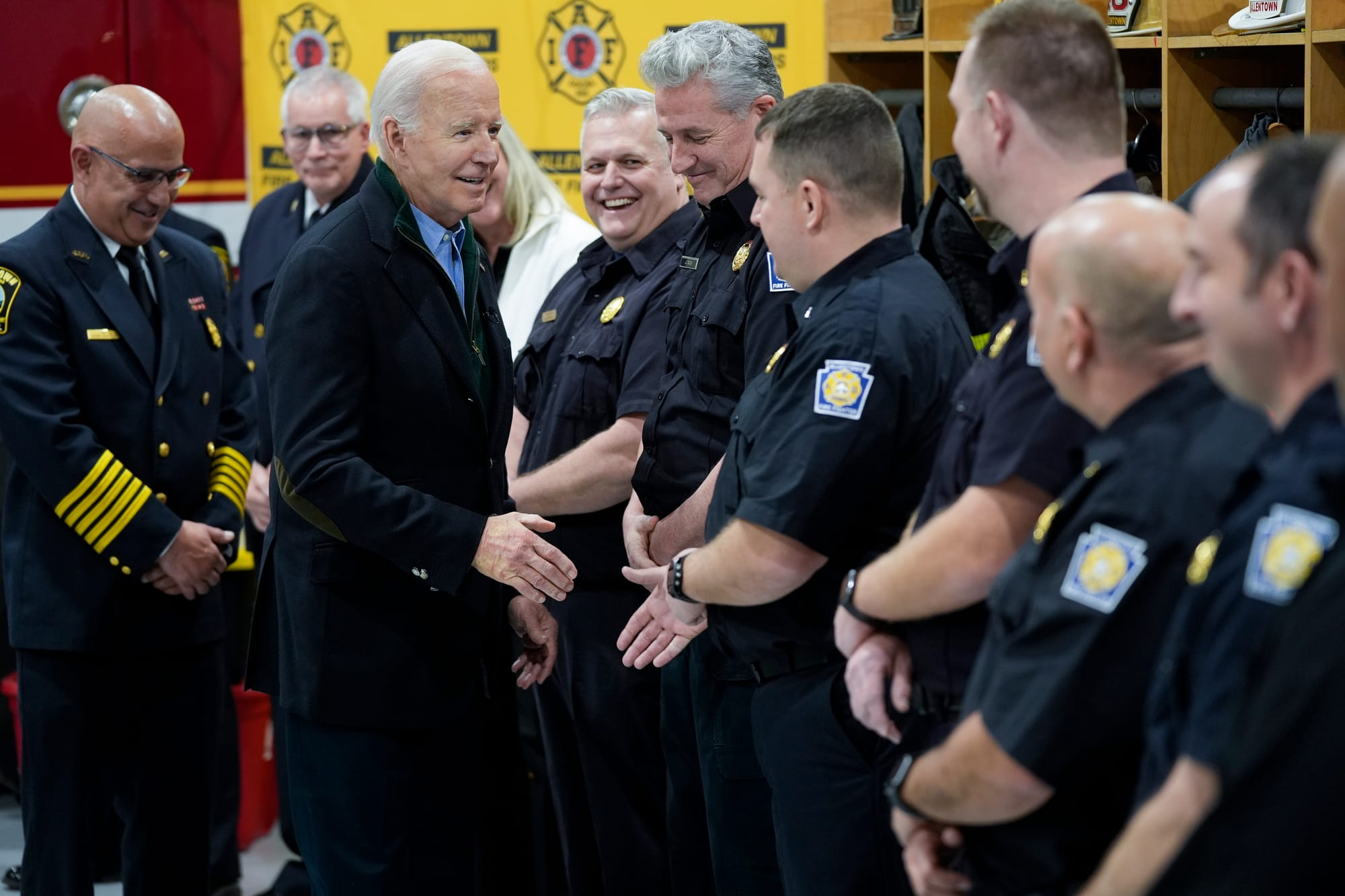 President Joe Biden greets firefighters at the Allentown Fire Training Academy, Friday, Jan. 12, 2024, in Allentown, Pa. Earl