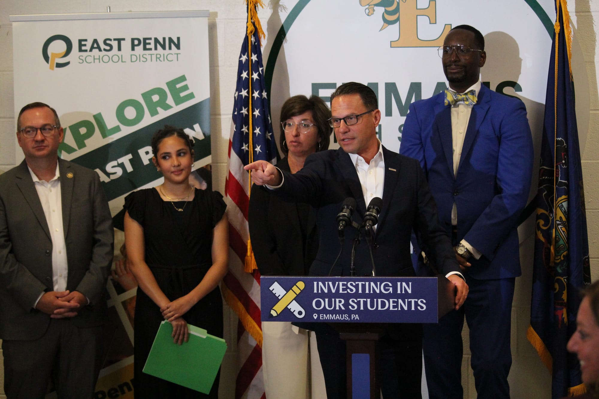 Governor Josh Shapiro takes a question from a student at Emmaus High School on Thursday. Seen with (left to right) Rep. Pete 