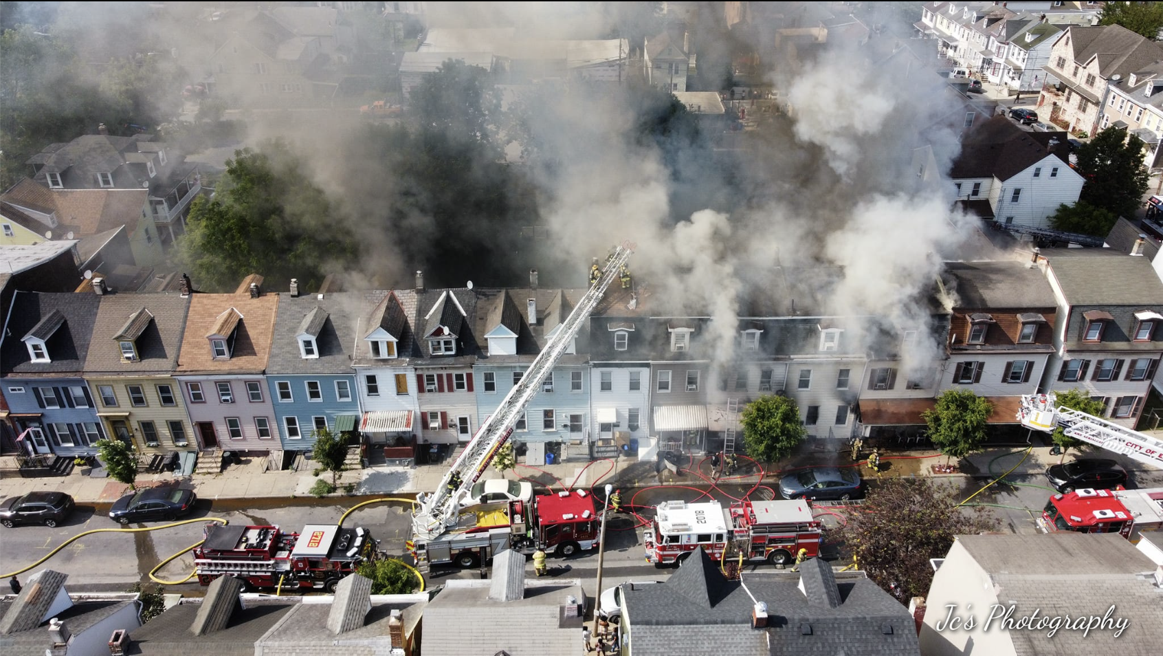 Rowhouses and fire trucks.