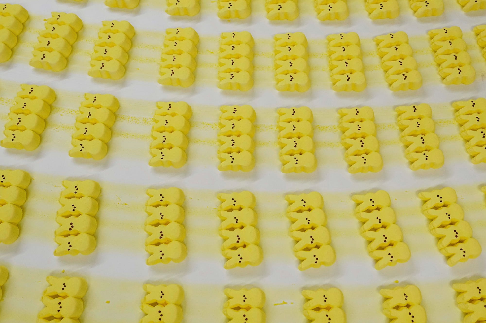 Peeps marshmallow treats move through the manufacturing process at the Just Born factory in Bethlehem, Pa., Thursday, April 1