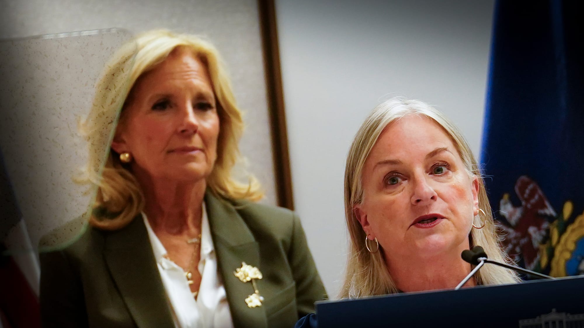 Jill Biden, left, listens as U.S. Rep. Susan Wild greets the audience. U.S. Rep. Susan Wild was joined by First Lady Jill Bid