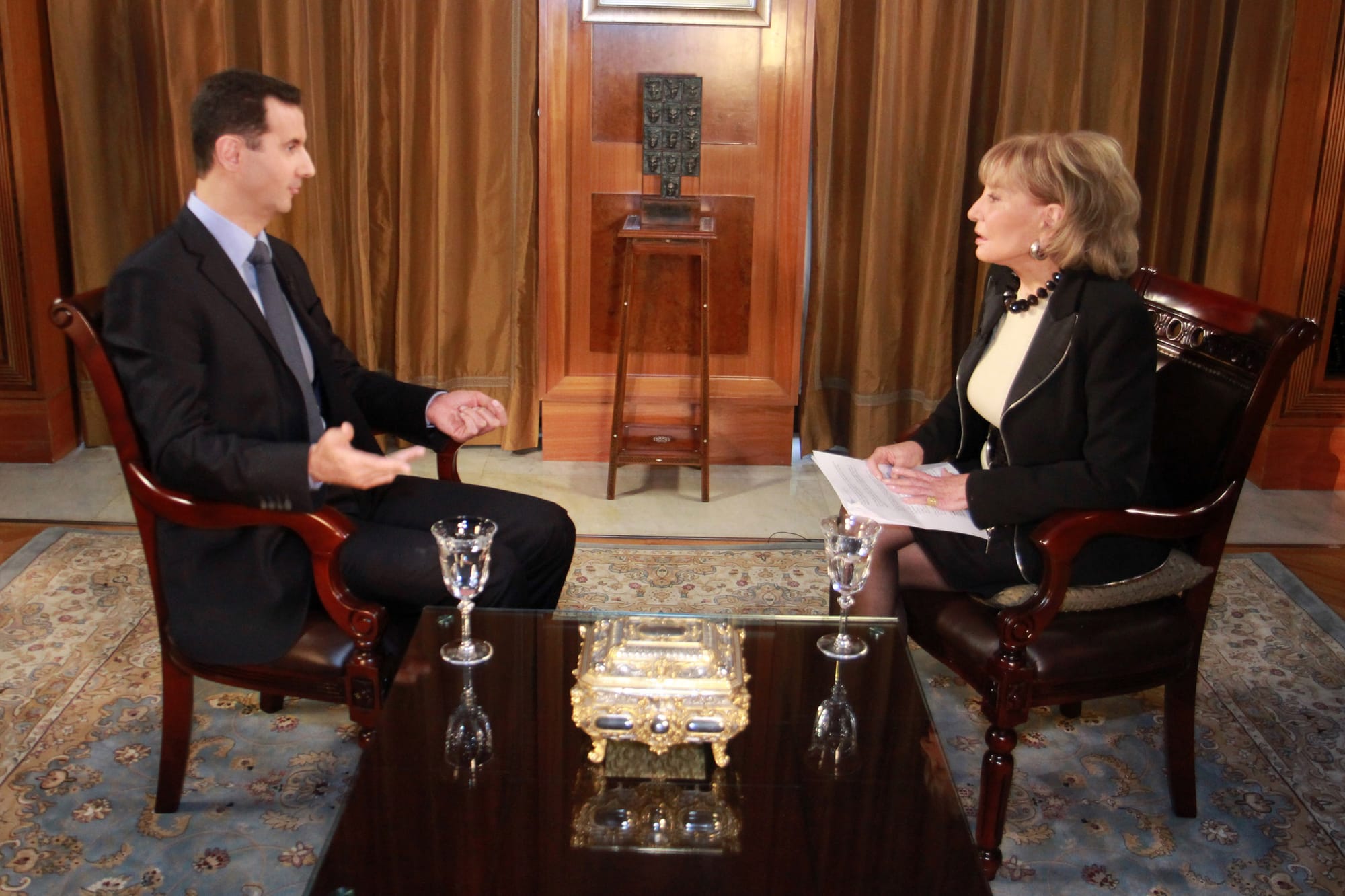 Walters speaks with Syrian President Bashar al Assad in December 2011 in the first interview Assad gave to an American journa