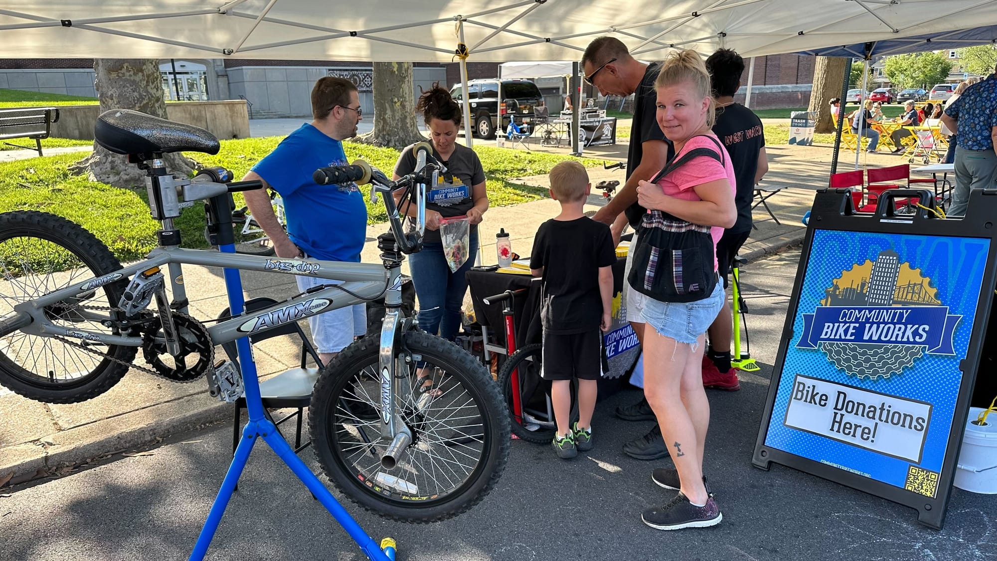 Community Bike Works' tent at Easton's National Night Out event at Paxinosa School.