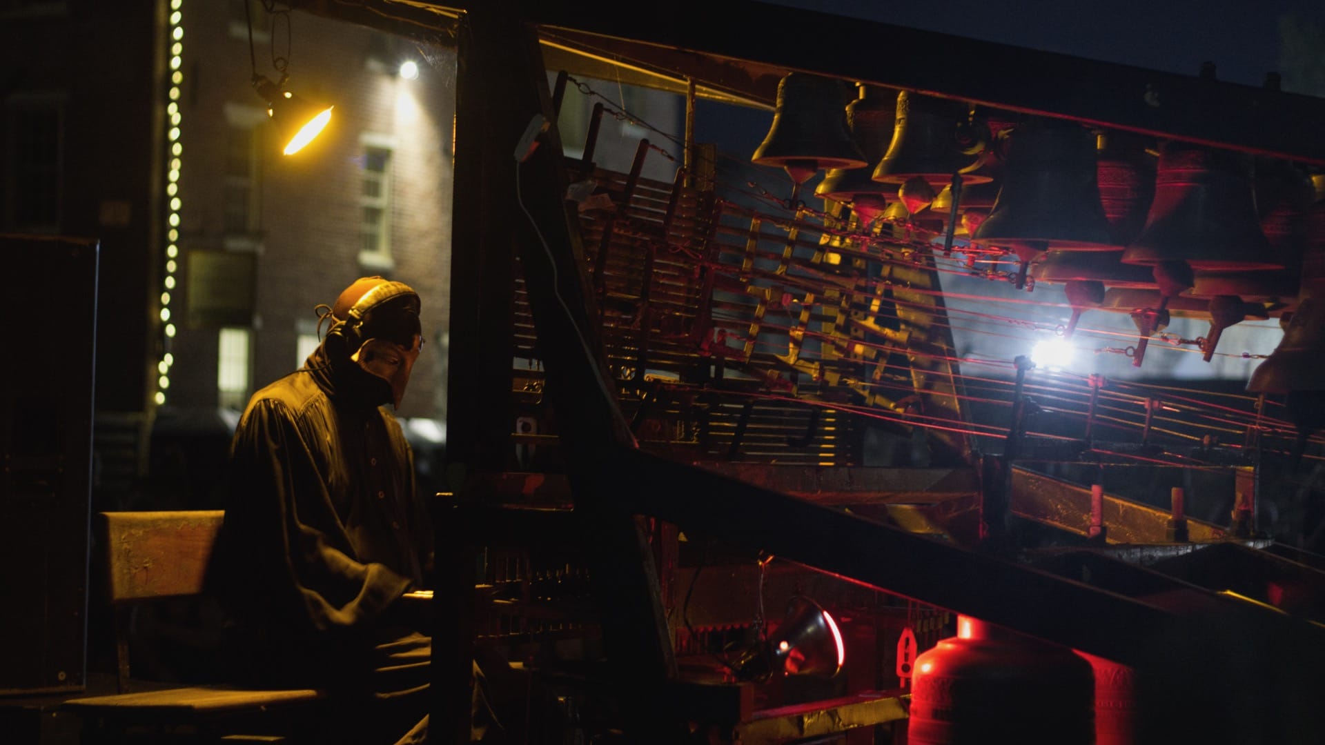 Frank DellaPenna performs his Cast in Bronze show late at night.