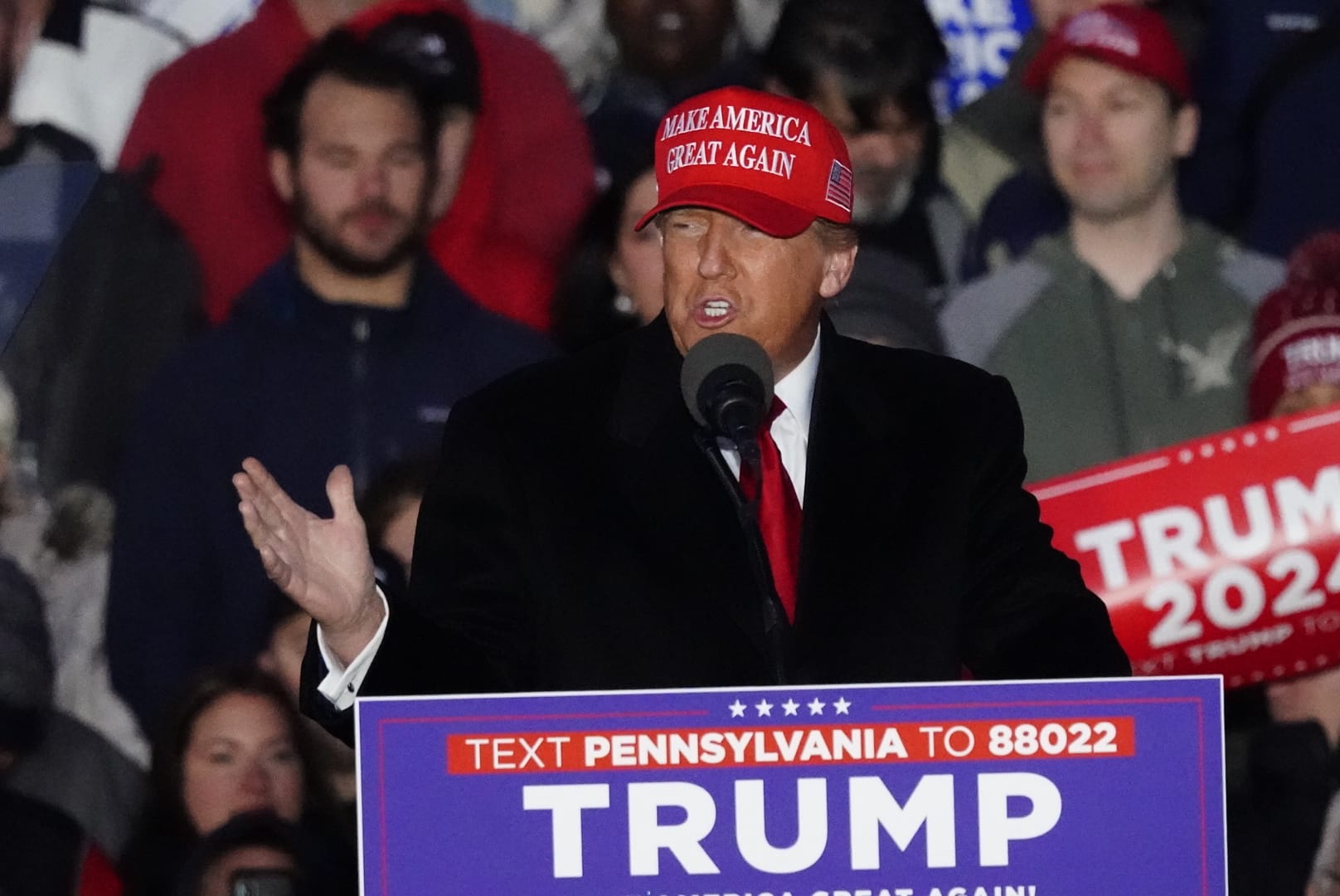 Donald Trump speaks at a rally in Schnecksville on Saturday, April 13, 2024.