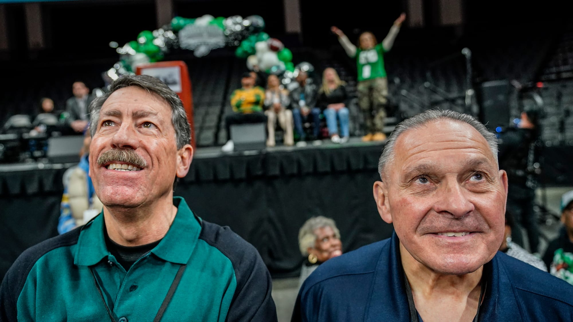 Allentown City Council President Daryl Hendricks, left, and Councilman Ed Zucal watch the scoreboard during the tribute to Ba