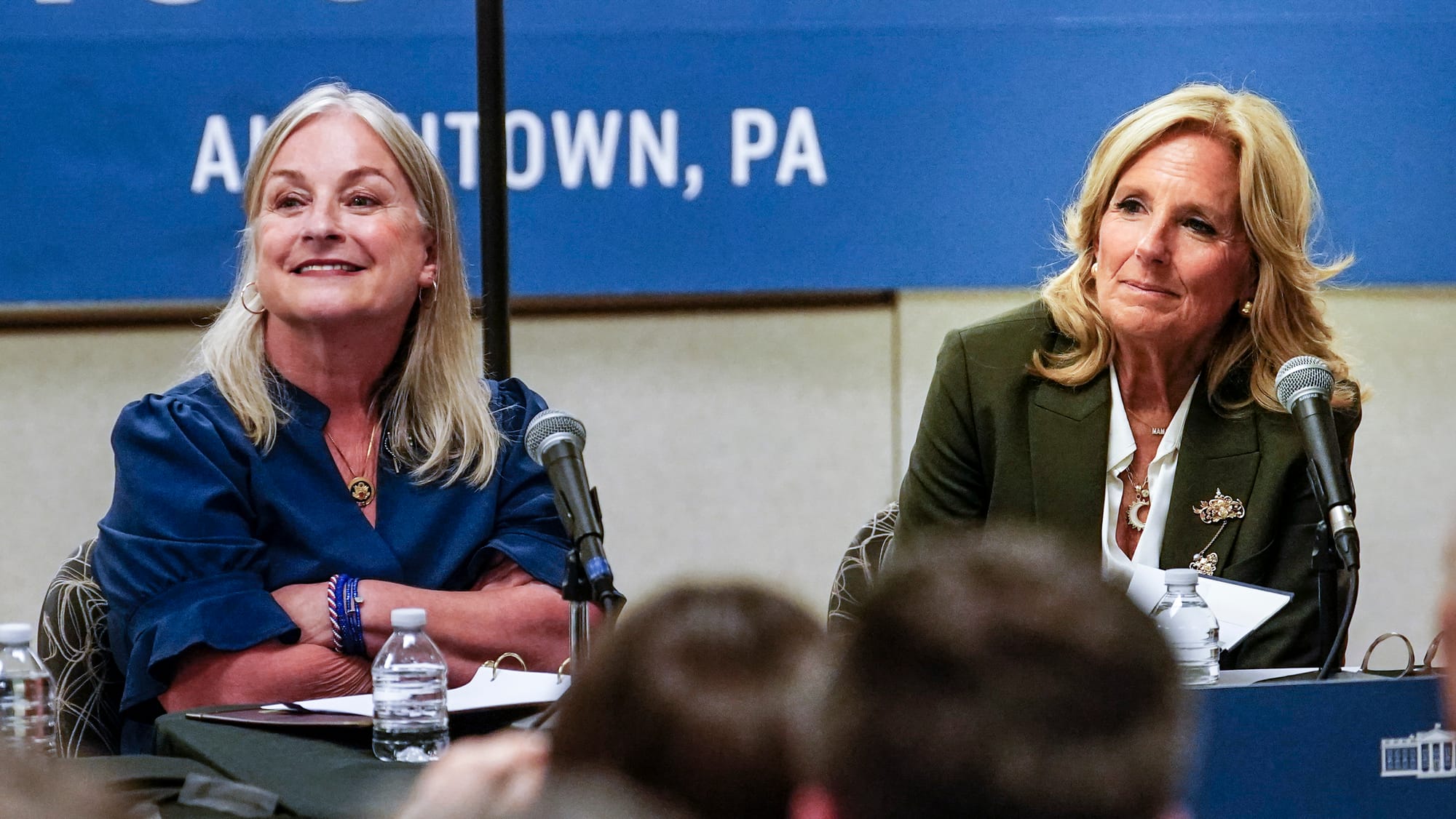 Rep. Susan Wild, left, and First Lady Dr. Jill Biden listen during meeting. U.S. Rep. Susan Wild was joined by First Lady Jil