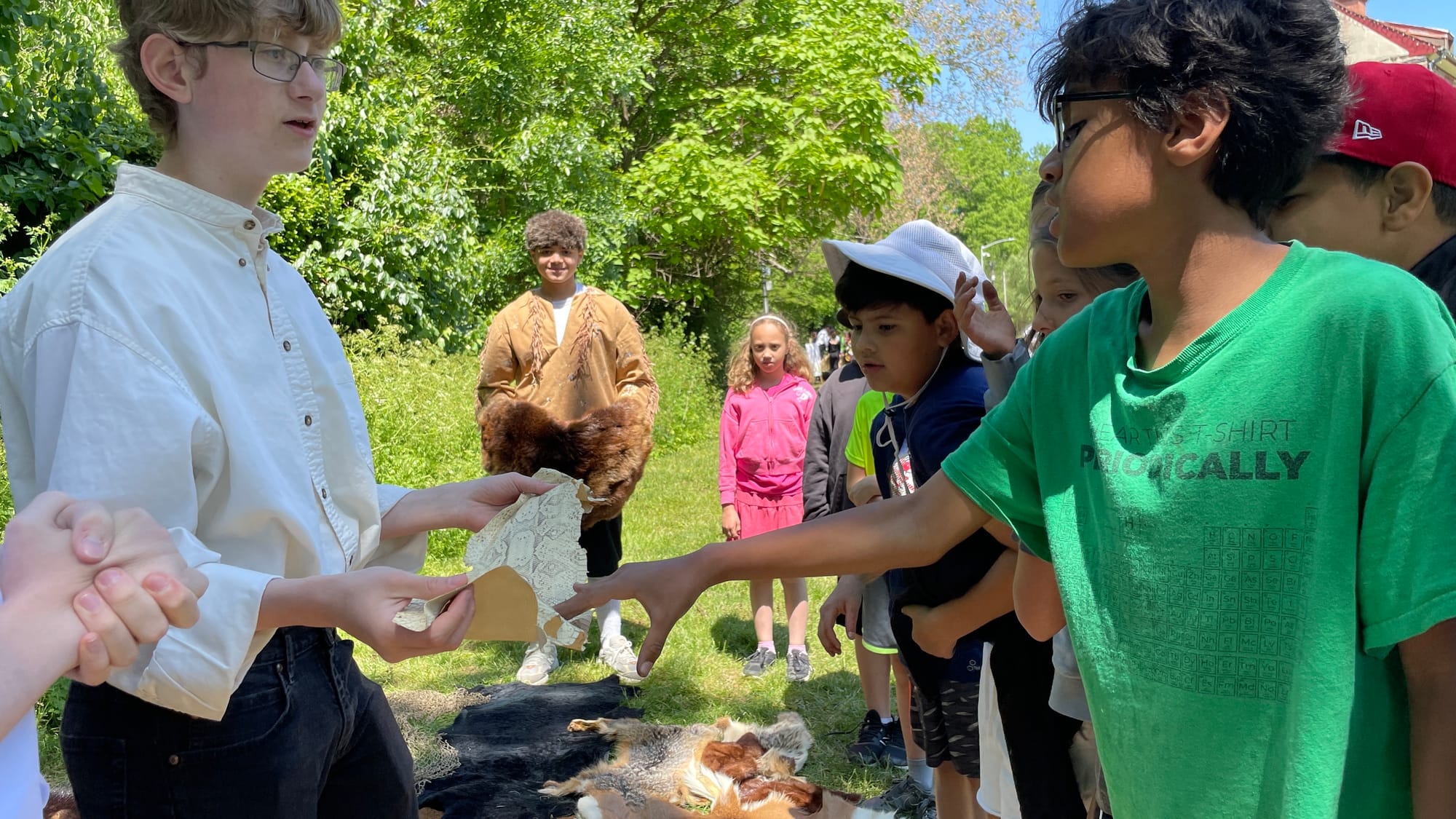 Students were able to learn about colonial-era hunting and fishing methods, even feeling the skins of a snake, coyote and mor