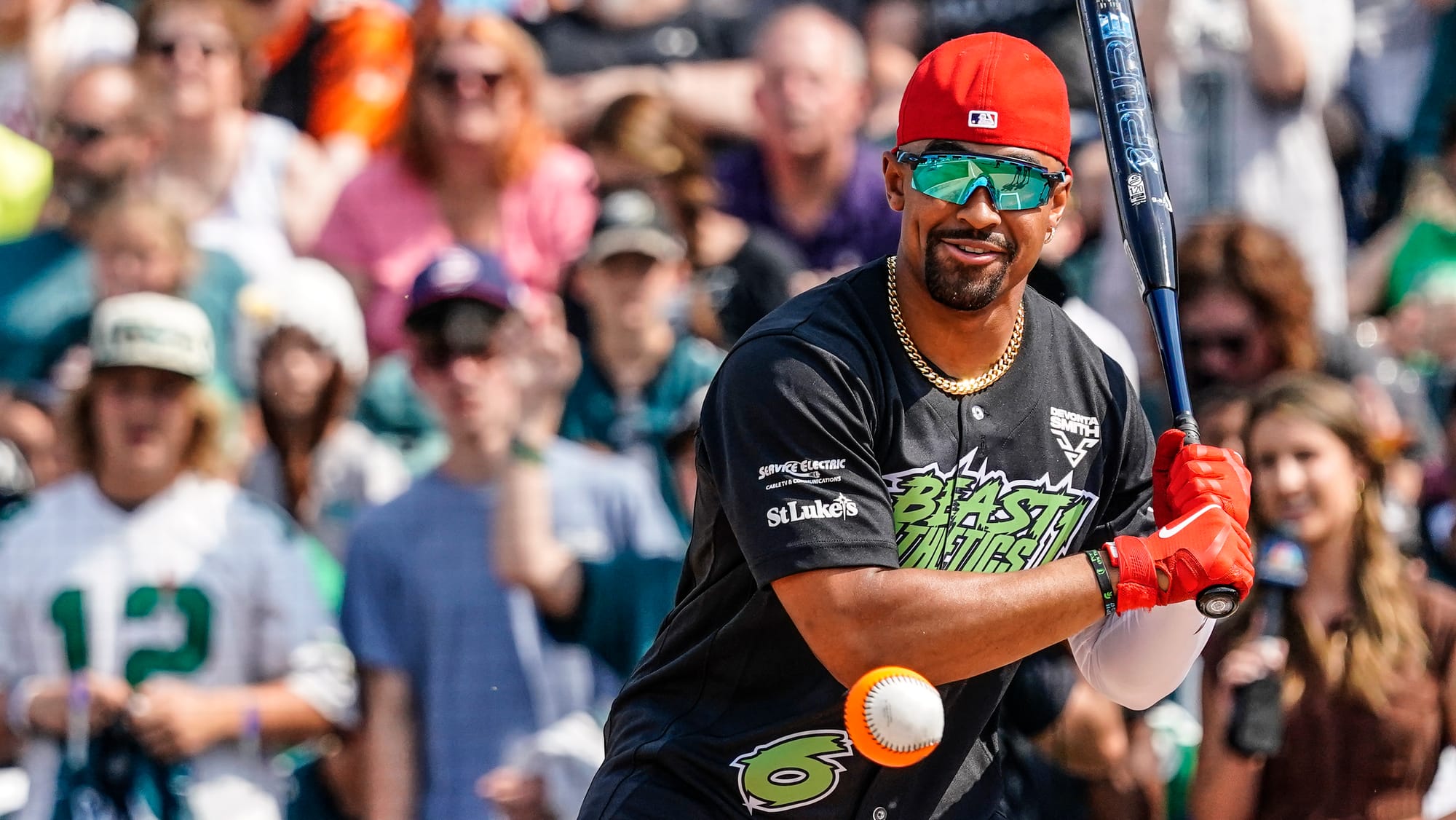 Jalen Hurts at bat. The 2nd annual DeVonta Smith Celebrity Softball Game was held at Coca-Cola Park in Allentown on Saturday,