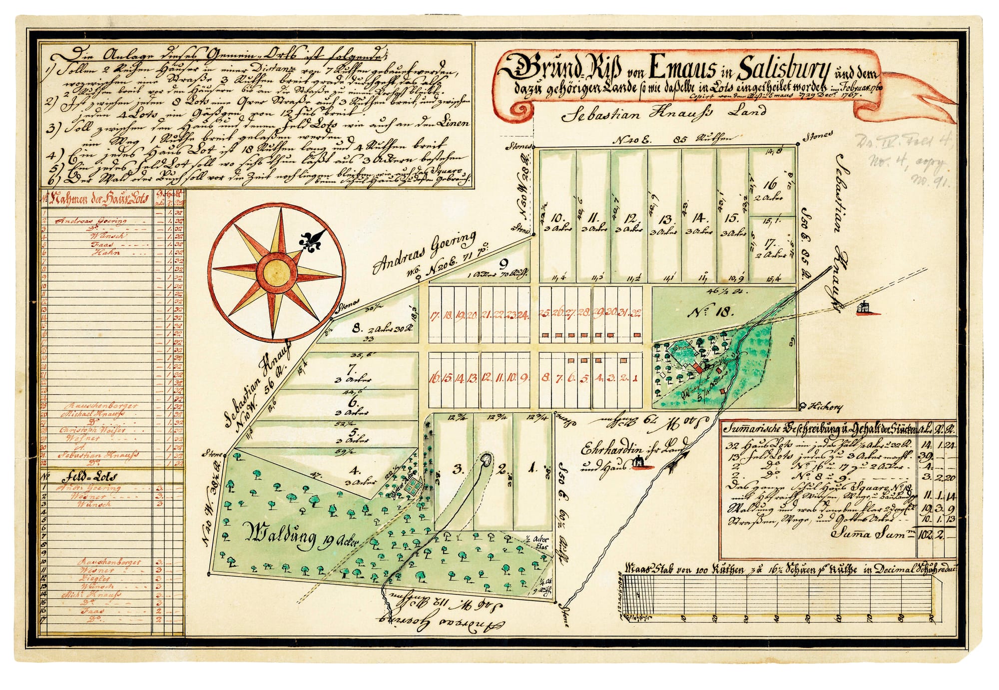 Town plan of Emmaus, 29 December 1767. Titled in German Grund-Riß von Emaus in Salisbury