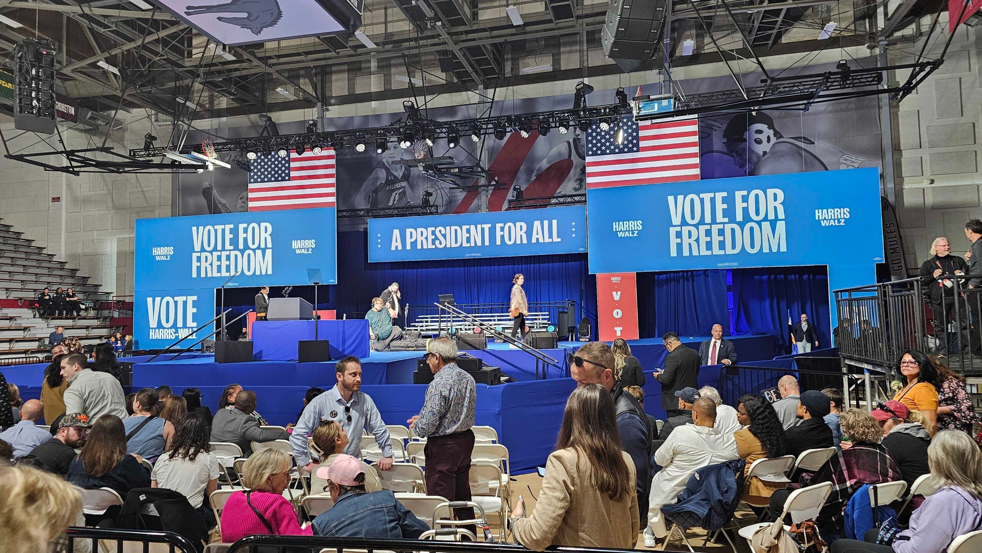 Supporters of Kamala Harris file into Memorial Hall on the Muhlenberg College campus for a rally on Monday, Nov. 4, 2024.
