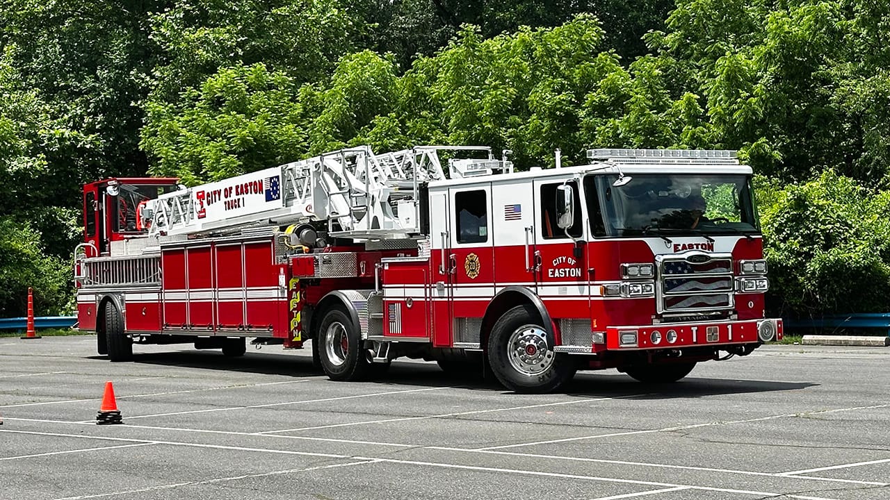 Members of the Easton Fire Department train on the new tiller truck on Thursday, June 19, 2025.