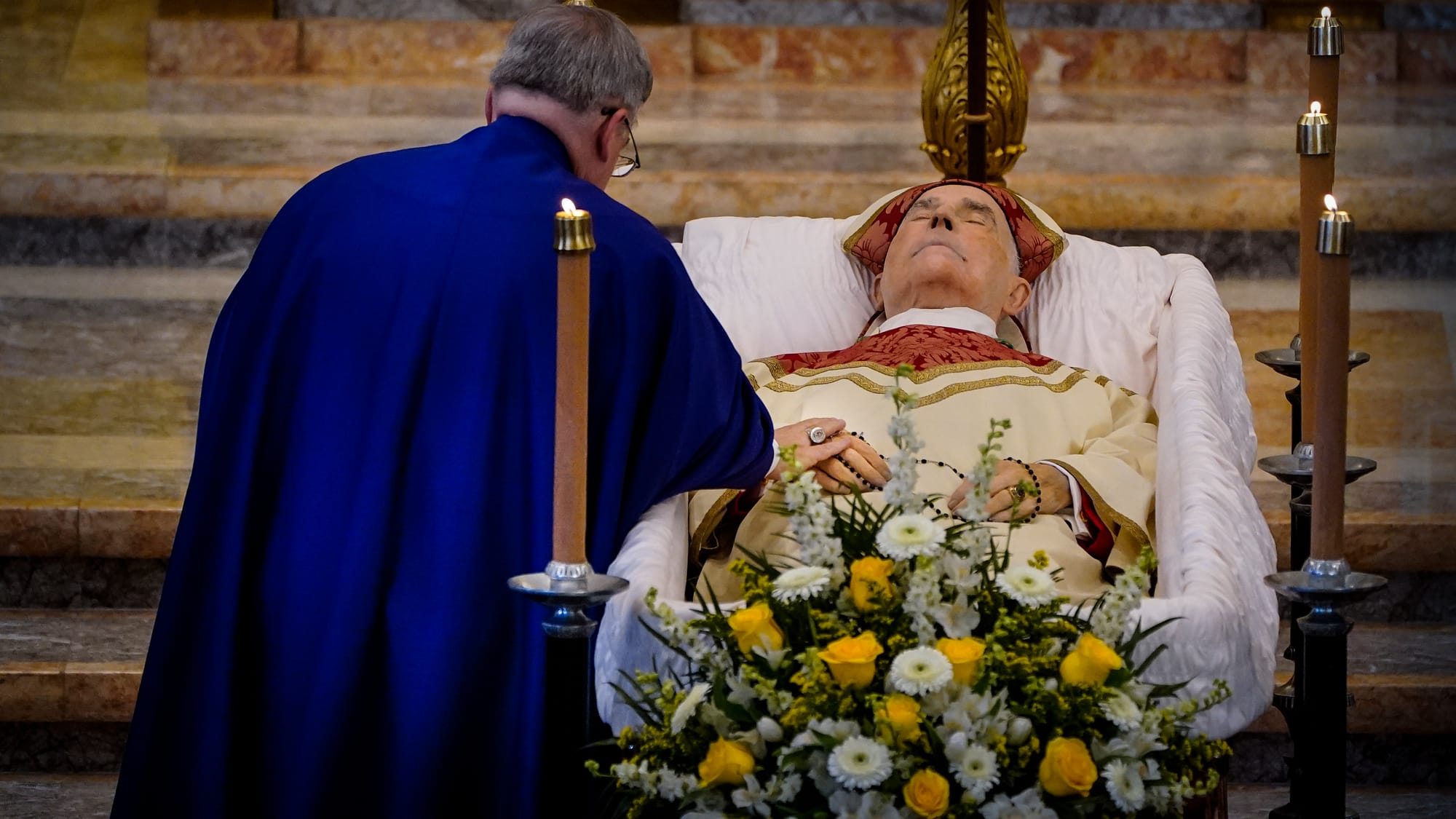 Bishop Alfred Schlert says goodbye to Bishop Cullen. Ceremonies of Reception of the Body and Visitation for The Most Reverend