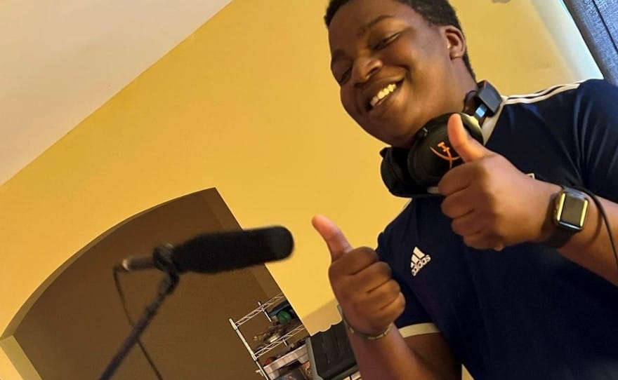 Actor and sound assistant Jonathan Eudja on set