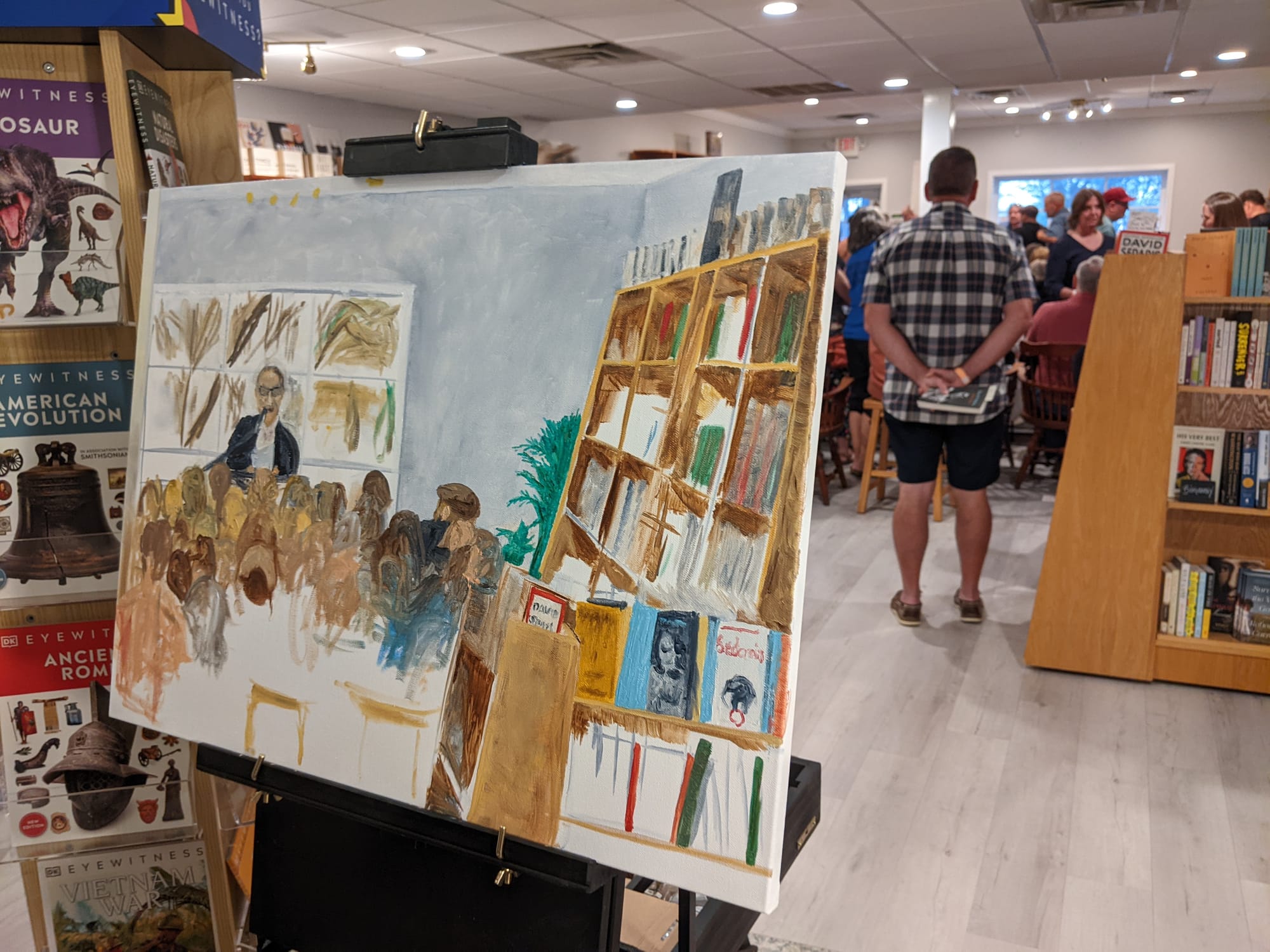 The in-progress painting of the David Sedaris event, by Allentown artist Lorna Flowers