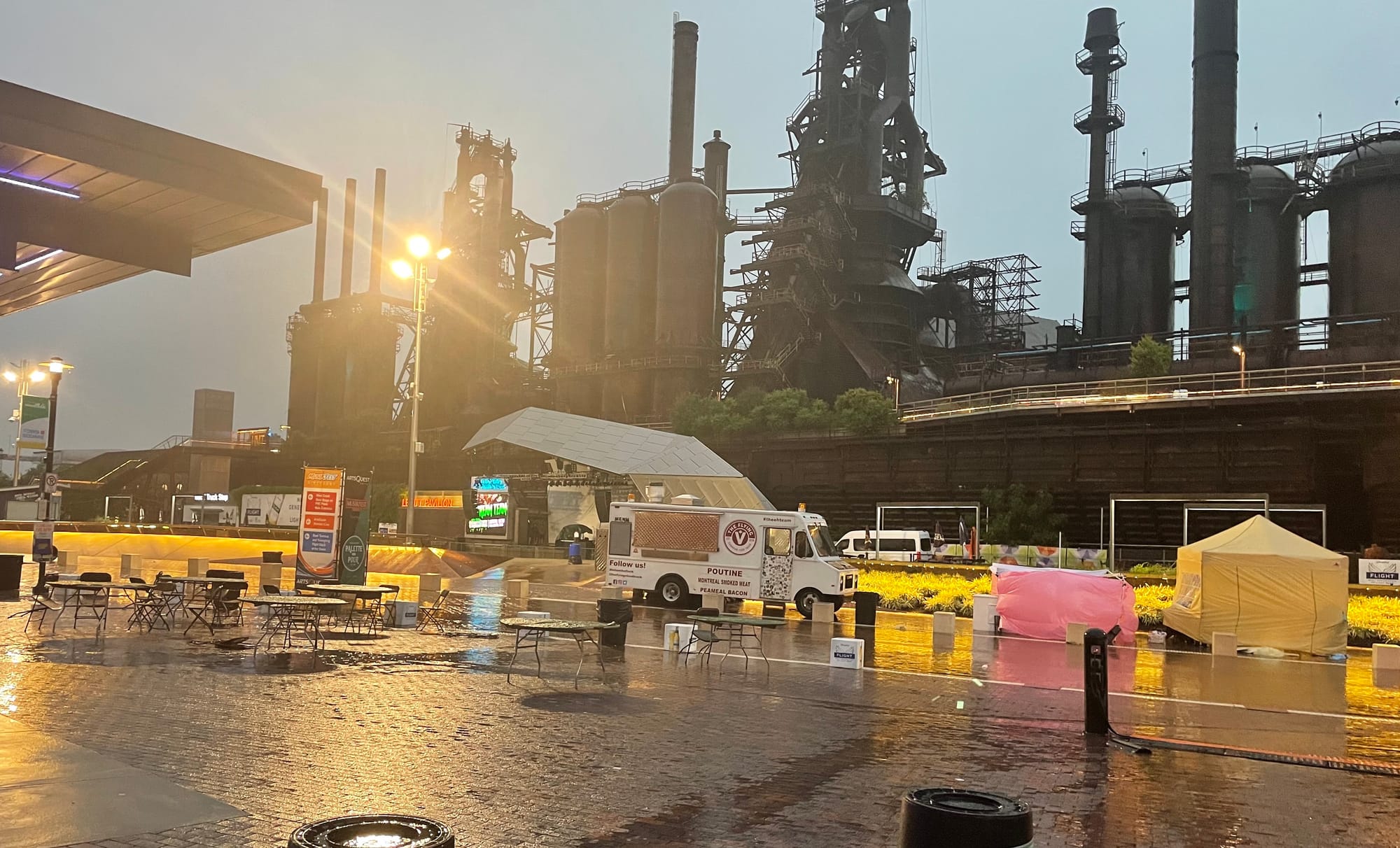 Rain beats down on the SteelStacks campus in Bethlehem as Musikfest pauses activities on Monday, Aug. 7, 2023, during a heavy