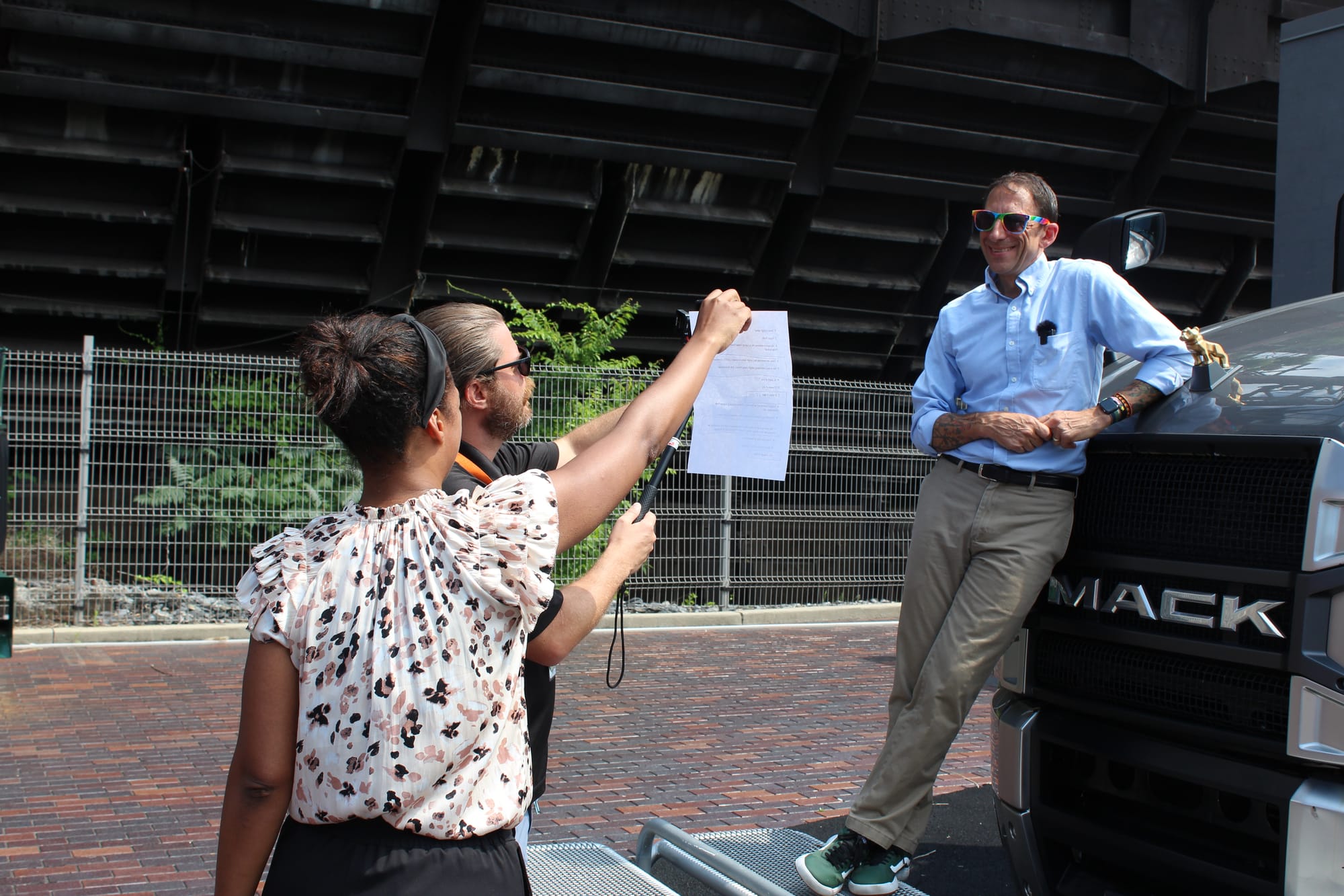 Tuerk reviewing lines while filming with Wacker and City of Allentown Communications Manager Genesis Ortega