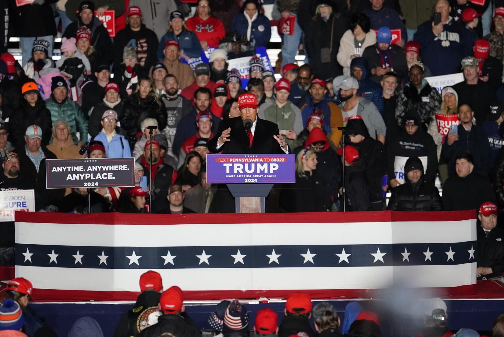 Donald Trump speaks at a rally in Schnecksville on Saturday, April 13, 2024.