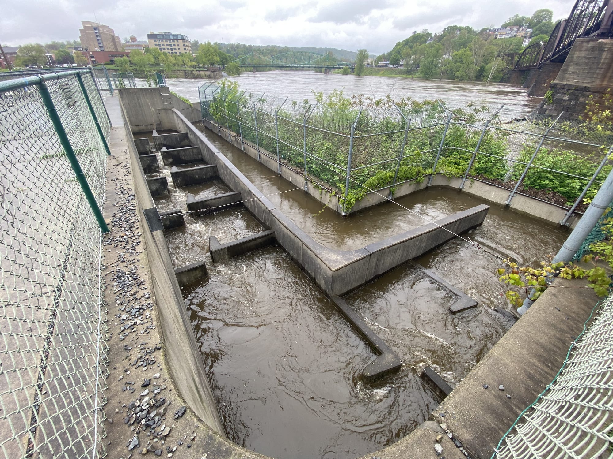 The shad ladder, connected to Easton Dam at Delaware Canal State Park, has fallen into disrepair.