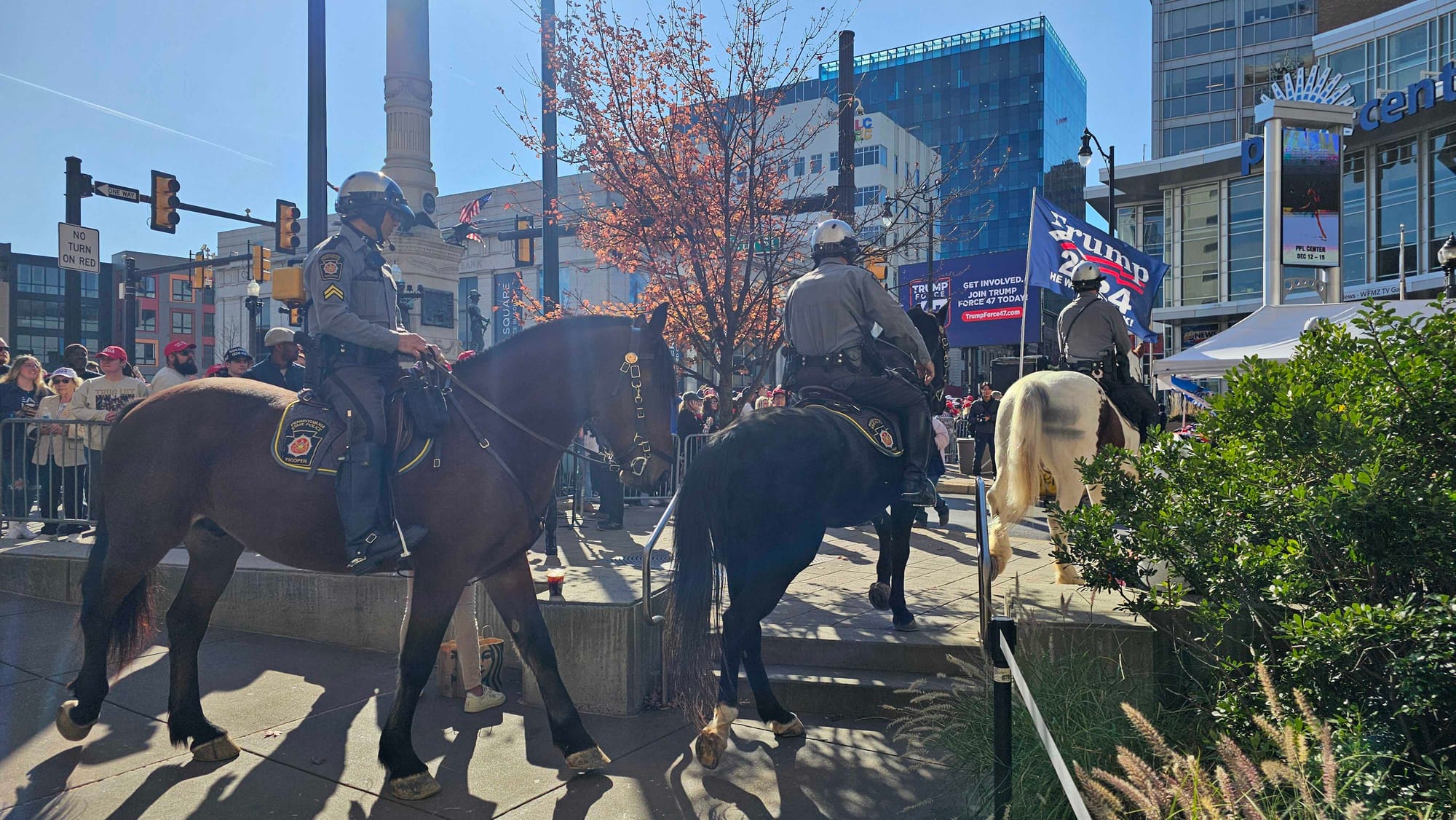 Mounted Pennsylvania state police are on scene to help with crowd control at the PPL Center area where crowds are gathered fo