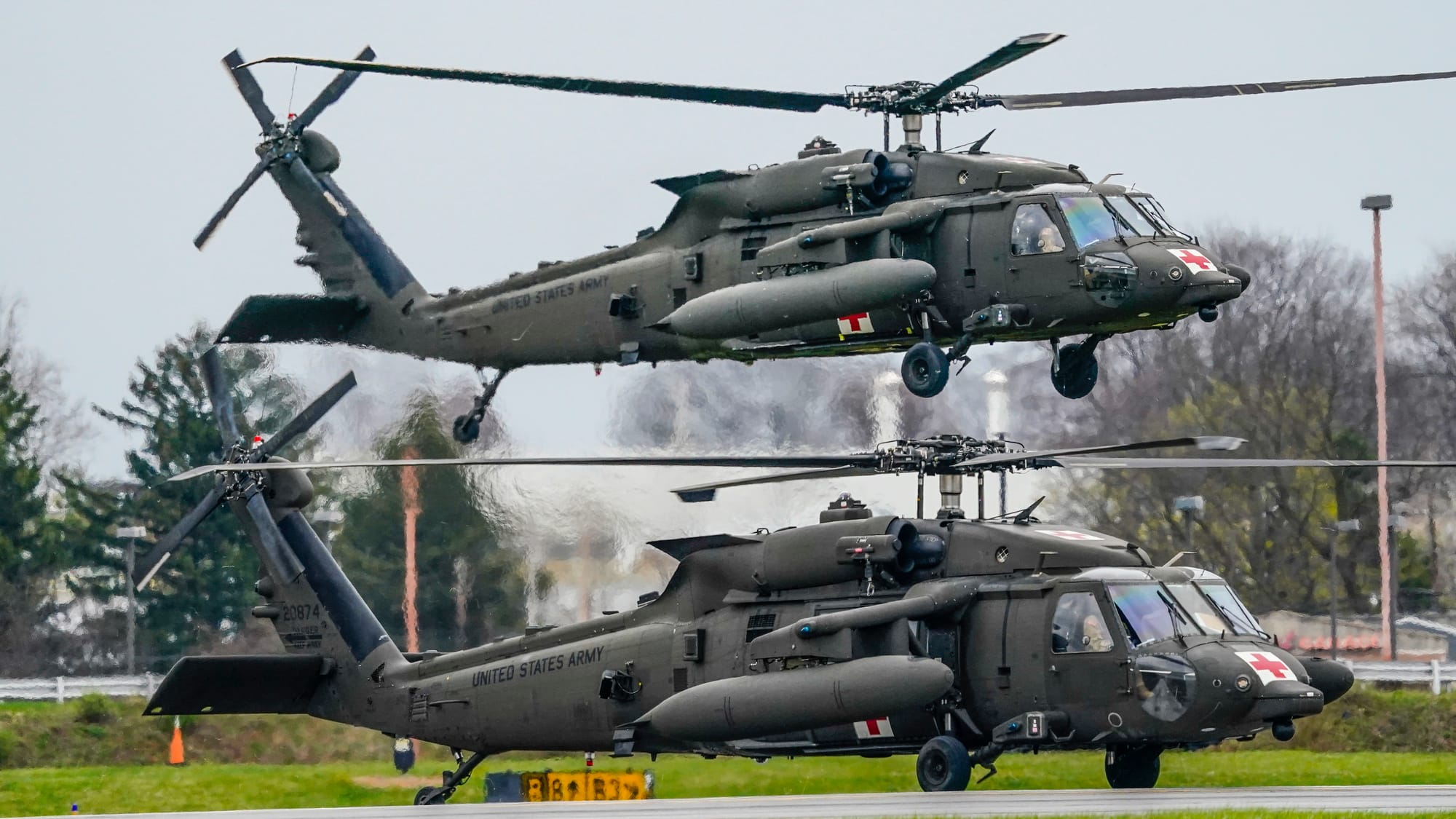 UH-60 Blackhawk helicopters from from Fort Drum in Jefferson County, New York, land at Lehigh Valley International Airport on