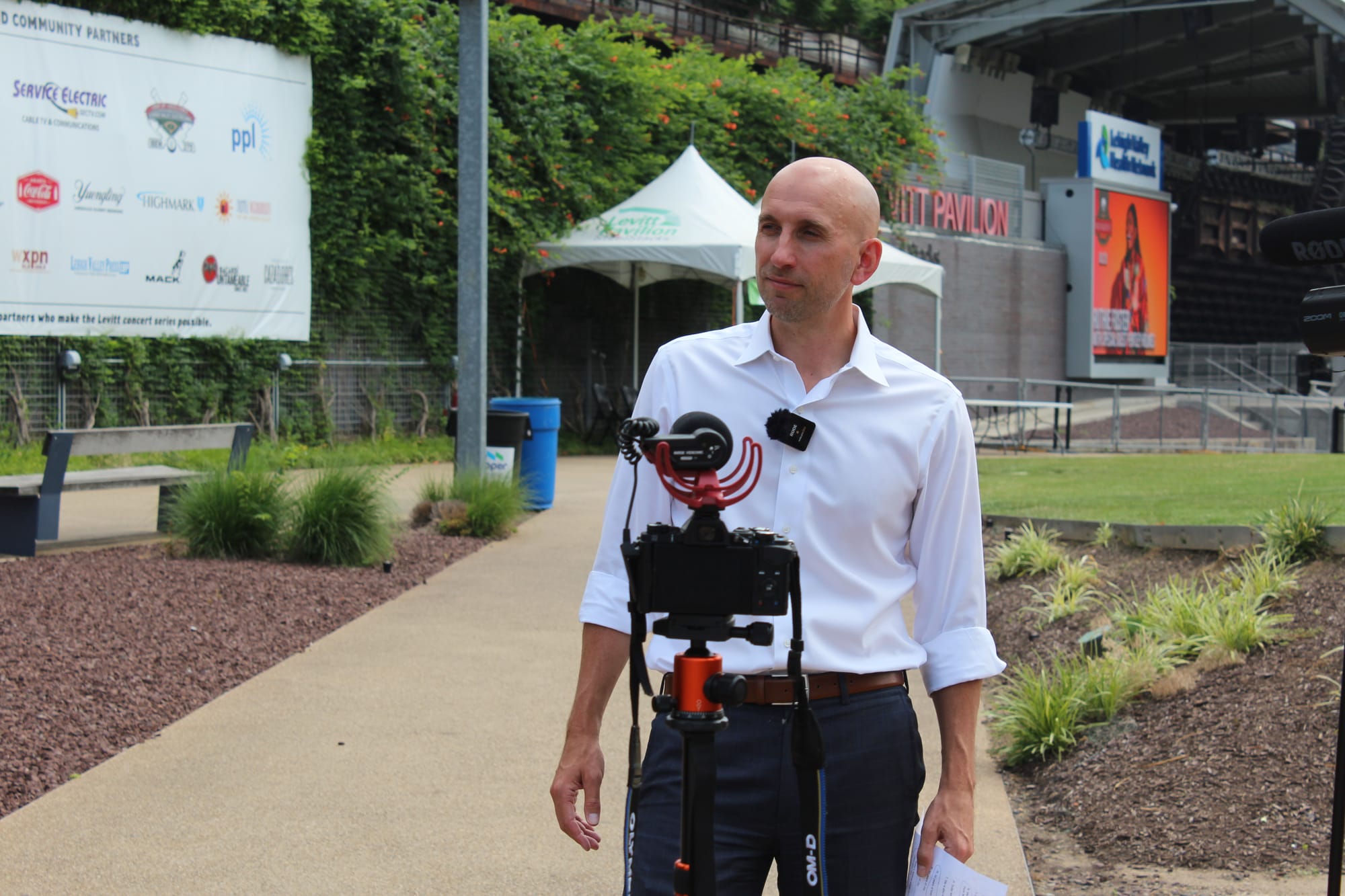 Bethlehem Mayor J. William Reynolds preparing to film for the Lehigh Valley Pride's 30th anniversary video