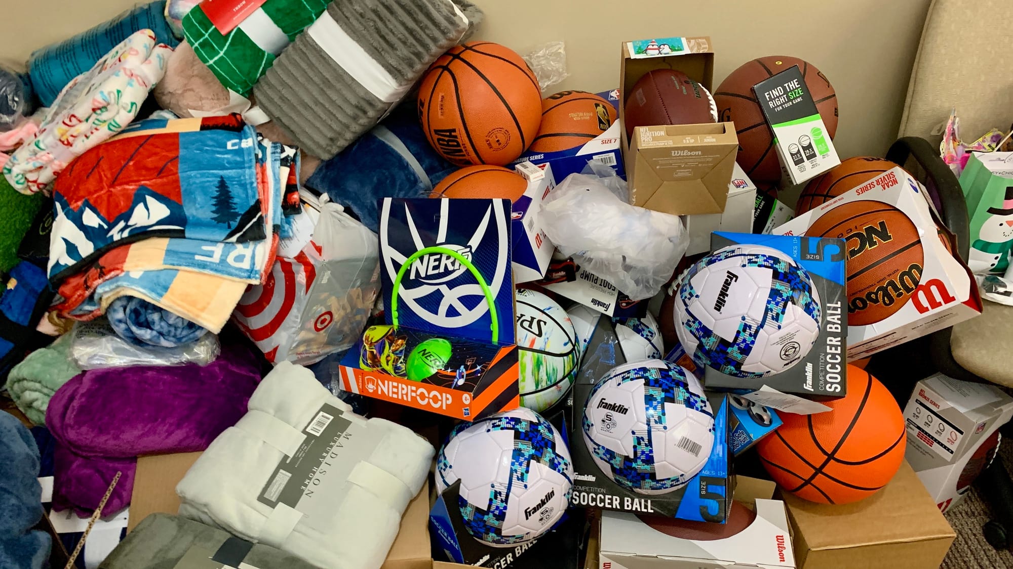 Donated sports supplies for the KidsPeace Angel Tree holiday gift drive.