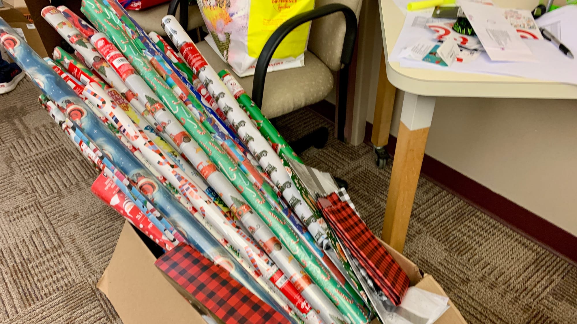 Wrapping paper that will be used to wrap gifts for the KidsPeace Angel Tree holiday gift drive.
