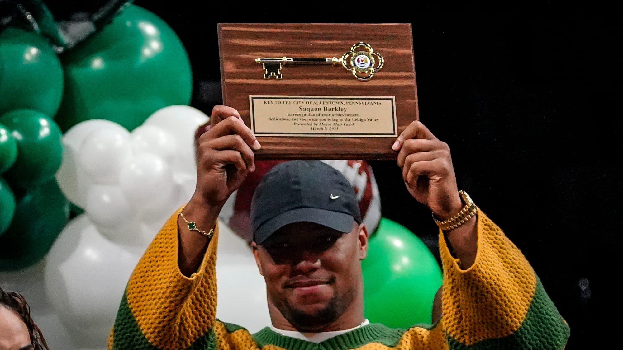Saquon Barkley holds up his key to the City of Allentown. A Lehigh Valley celebration for Philadelphia Eagles running back Sa