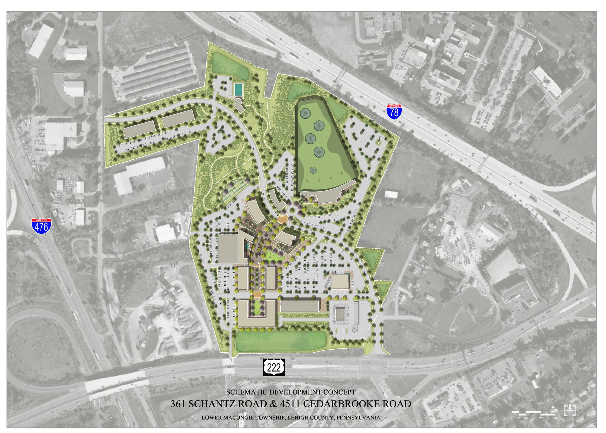 A top-down development concept for the Lehigh Valley Town Center project