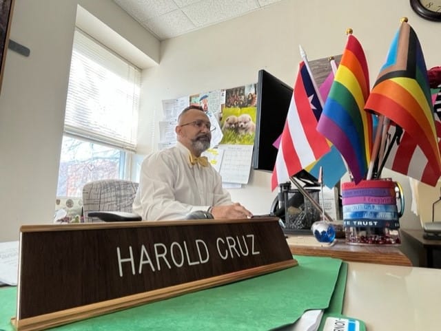 Community health specialist Harold Cruz works at his desk at the Allentown Health Bureau.