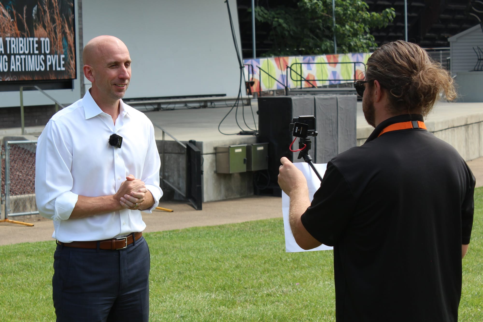 Bethlehem Mayor J. William Reynolds films for an upcoming video for Lehigh Valley Pride's 30th anniversary with Lehigh Valley