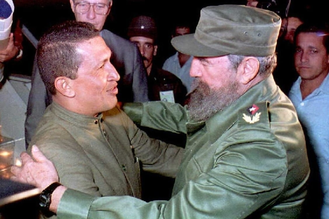 Cuban President Fidel Castro greets Chavez upon his arrival in Havana in December 1994. The two leaders were steadfast allies