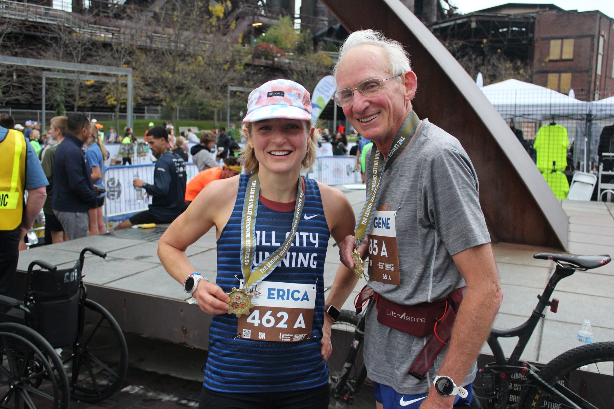 Father-daughter running pair Jean Dykes and Erica Mitchell at the first day of the Bethlehem Running Festival after the 5k ra