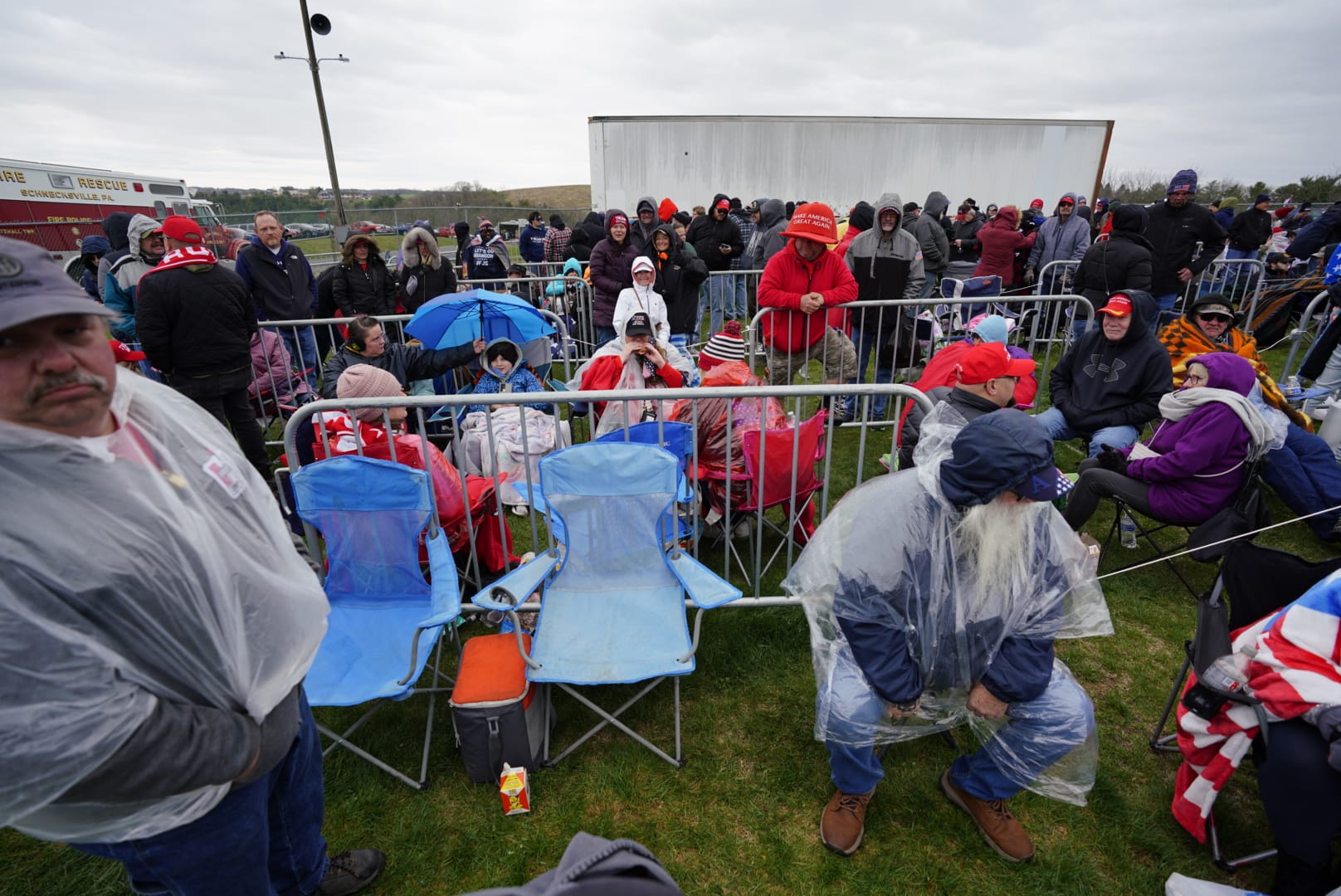 People gather ahead of Donald Trump's rally in Schnecksville, Pa. on Saturday, April 13, 2024.
