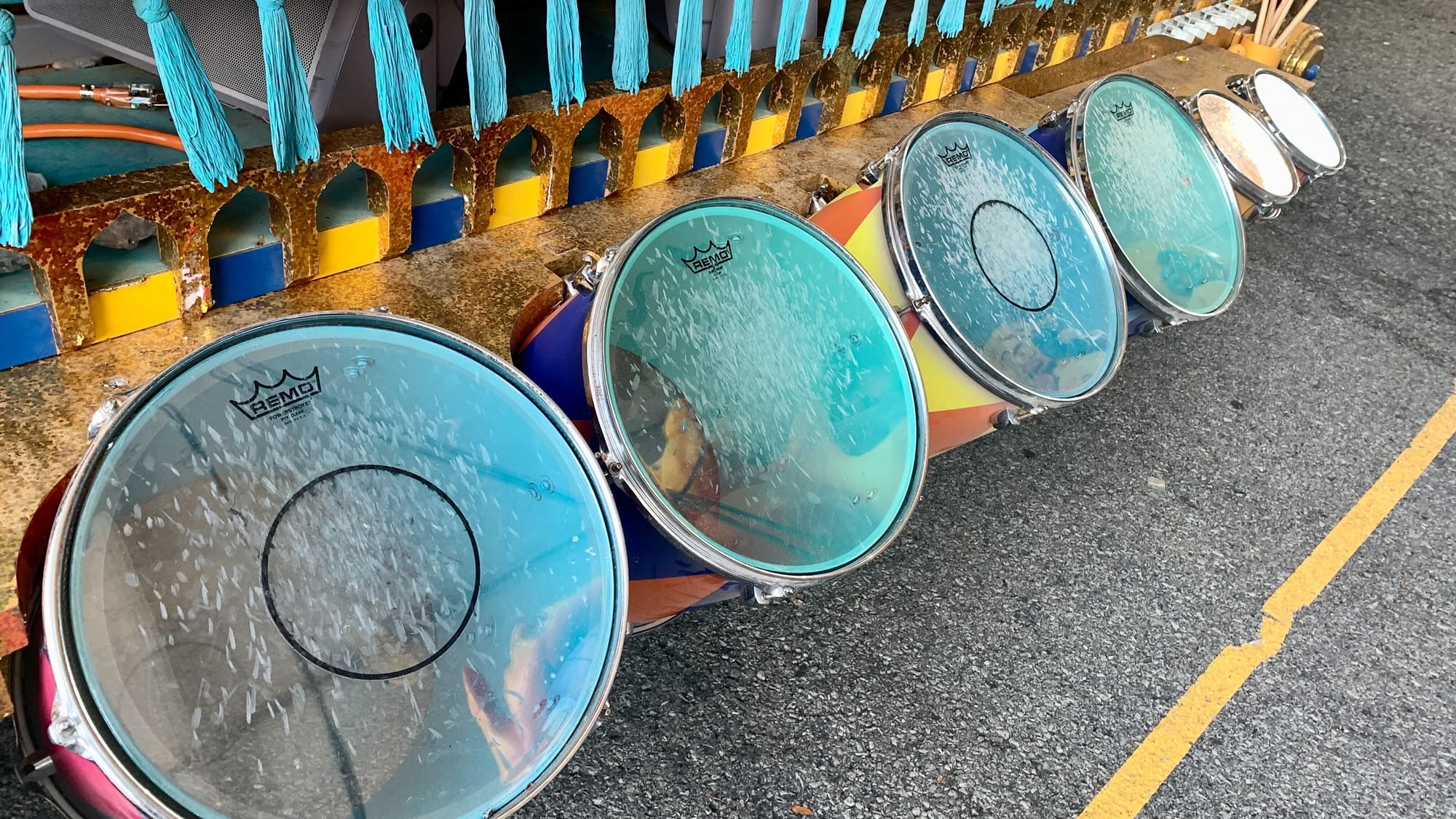 The drums on the side of one of the parade floats of Dorney Park's Grand Carnivale. Kids can drum on them as the float passes