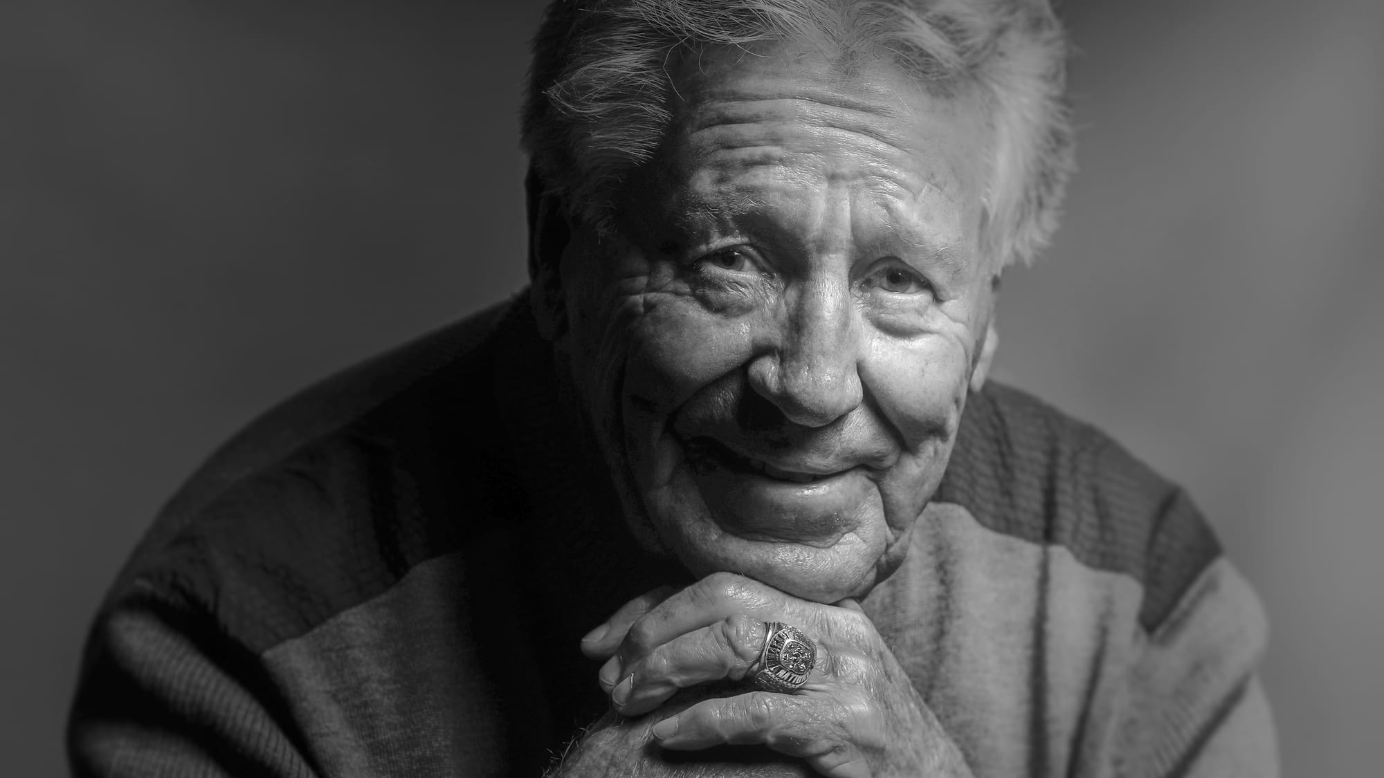 Race driver Mario Andretti poses for a portrait at his home in Nazareth, Pa. on Wednesday, March 20, 2024. Photography by Don
