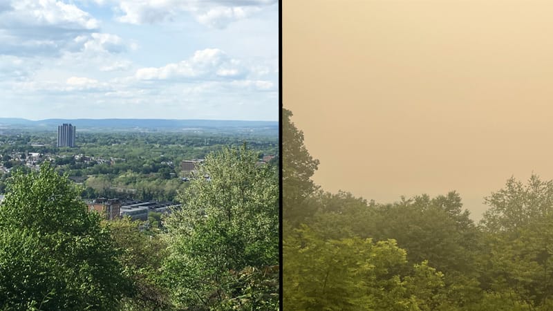 A side-by-side comparison of Lehigh Lookout on a clear day in May 2019 vs. a smoke filled day on June 7th, 2023.