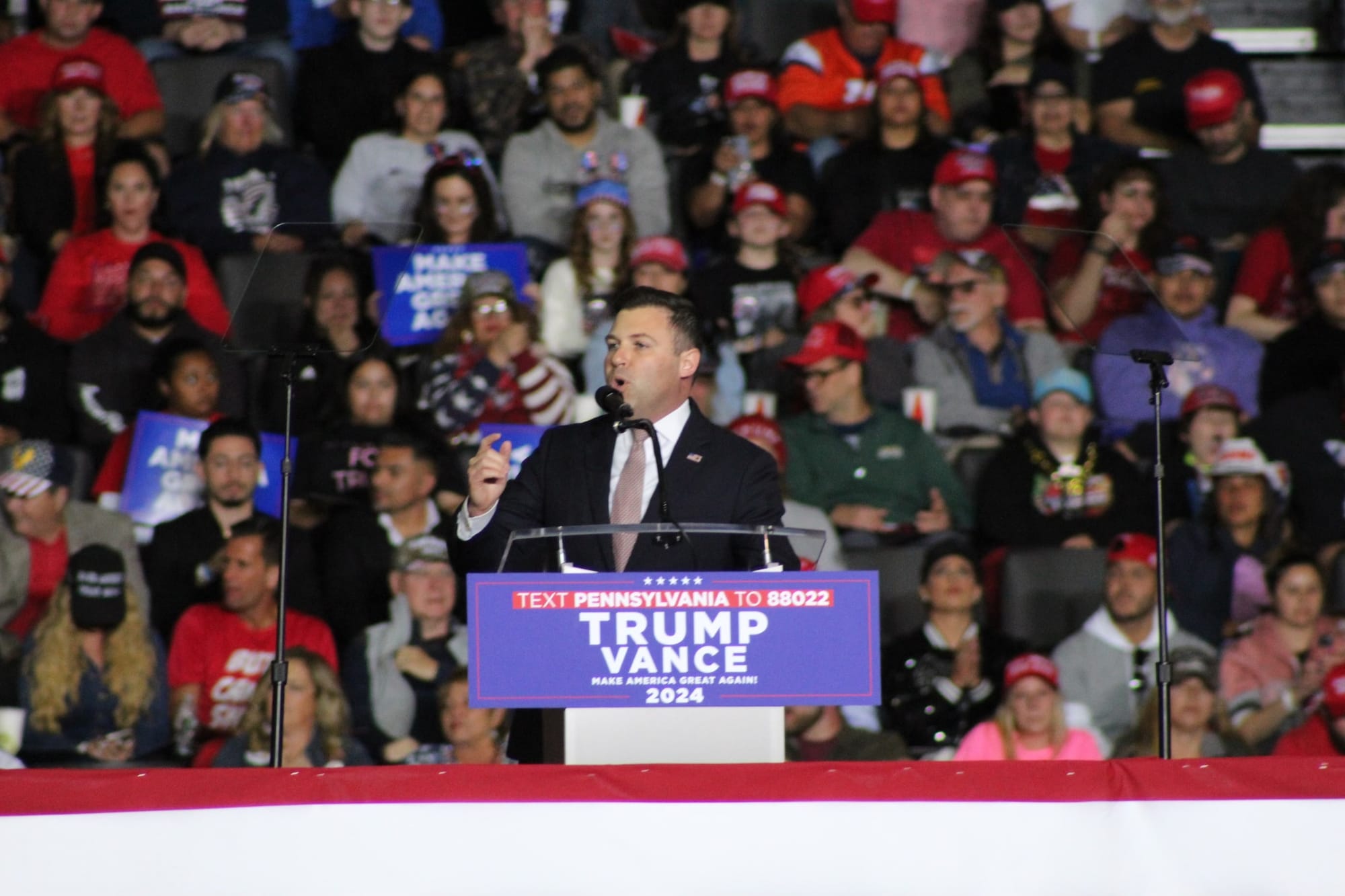 Rep. Ryan Mackenzie took the stage at the Tuesday night rally for former President Donald Trump at the PPL Center in Allentow