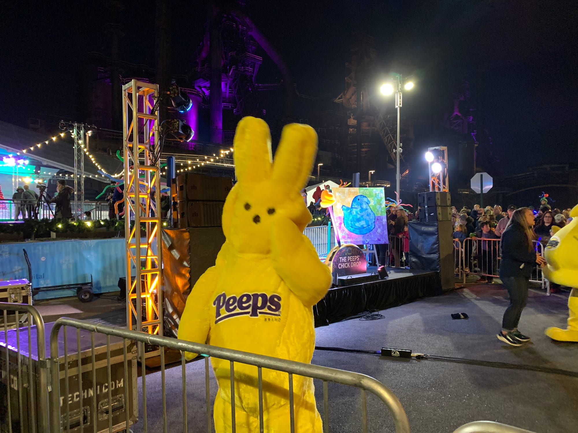 The Peeps mascot dances after the Peeps Chick Drop.
