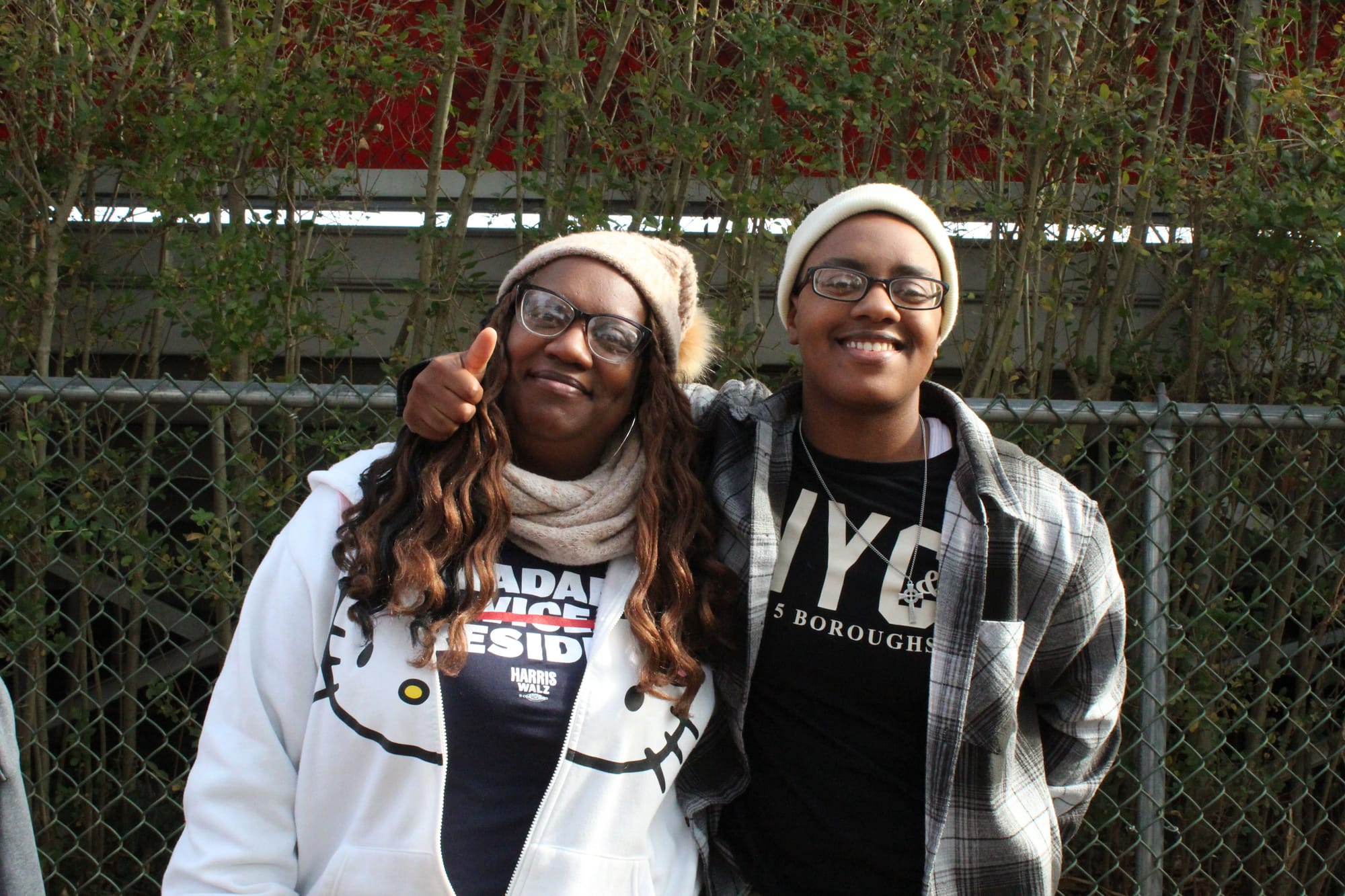 Shonta Ford and Cerise Whitlock wait in line at the Kamala Harris rally at Muhlenberg College on Monday, Nov. 4, 2024.