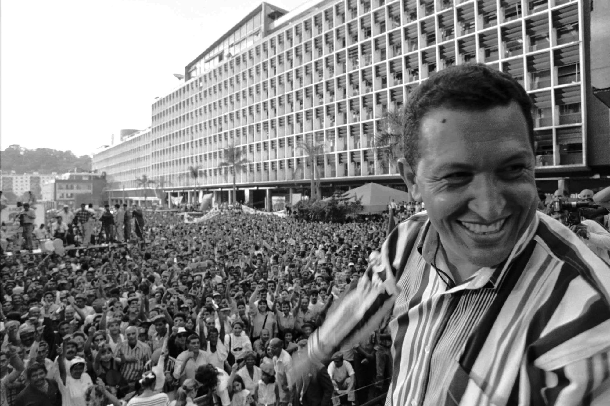 Chavez addresses a crowd in Caracas on Feb. 4, 1998, the anniversary of the failed 1992 coup that would launch his military c