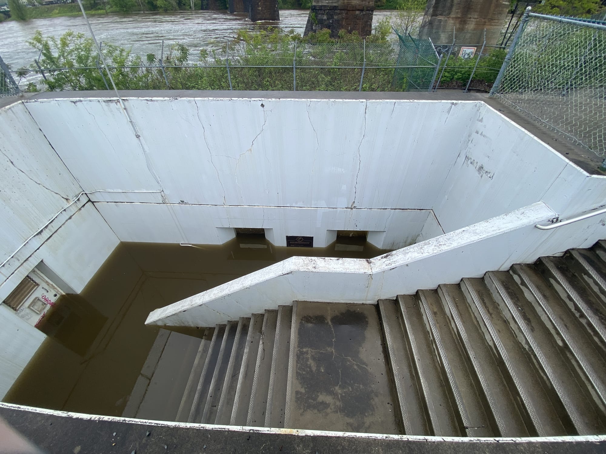 The shad ladder, connected to Easton Dam at Delaware Canal State Park, has fallen into disrepair.
