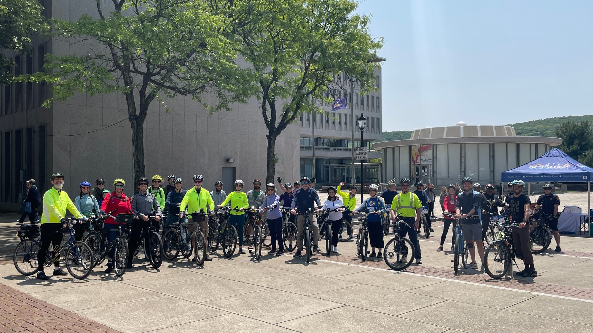 The group stops for a photo before setting off from Bethlehem City Hall.