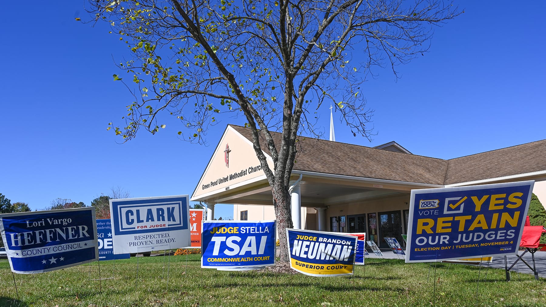 Signs sit outside of the Green Pond United Methodist Church on Tuesday, November 4, 2025 in Bethlehem, Pa.