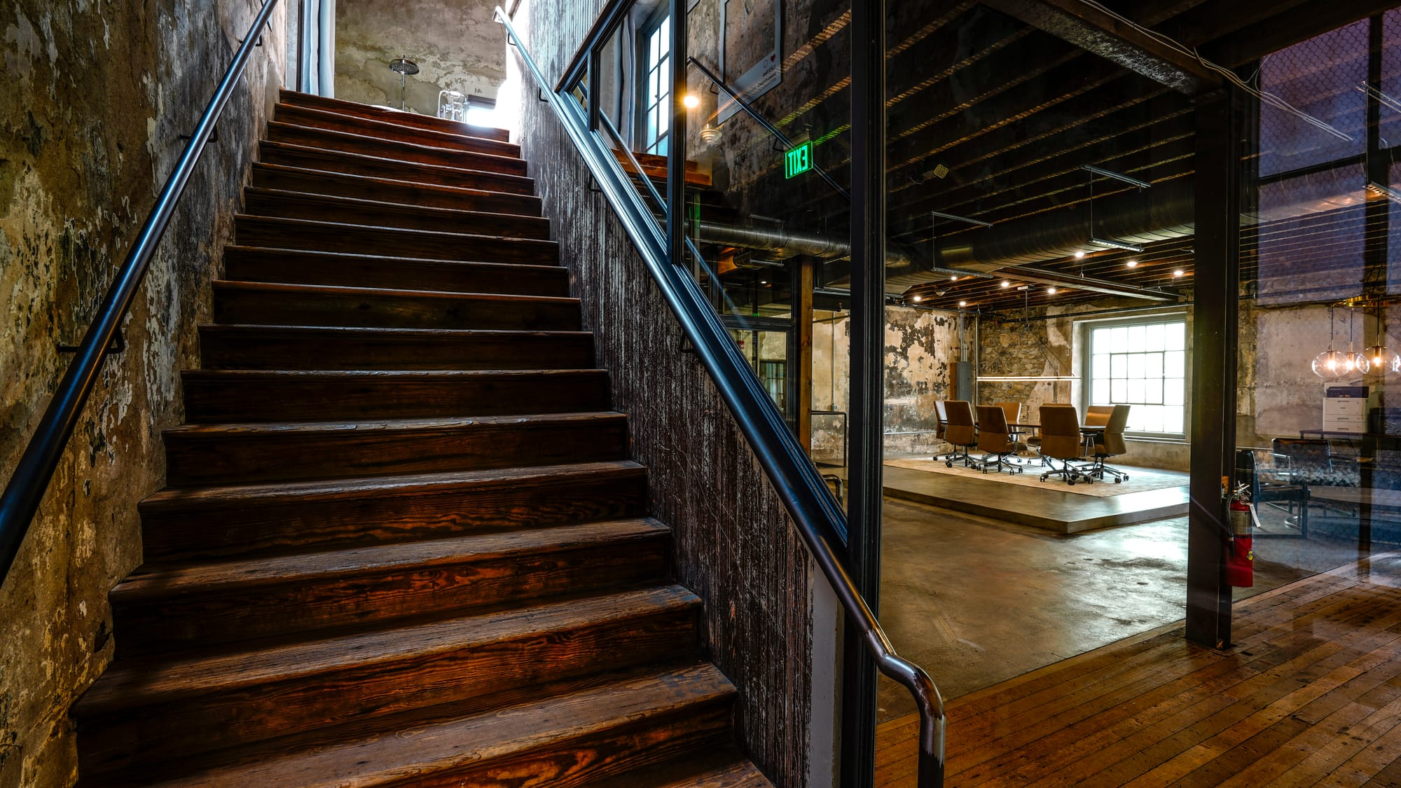 Stairs leading to the third floor at 225 Ferry Street. Commercial brokers are working hard to find tenants for remodeled mixe